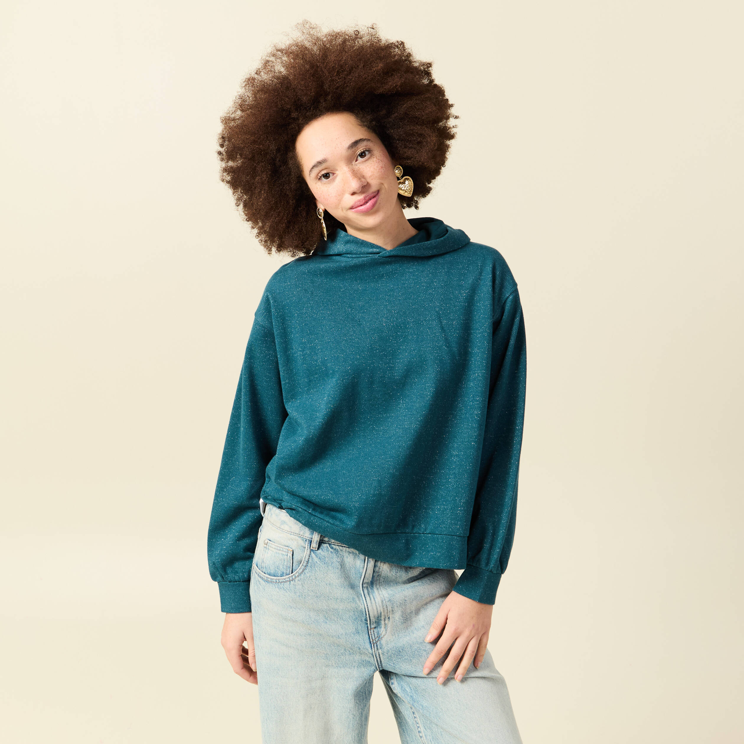 Sweat &agrave; capuche manches longues brillant bleu canard femme