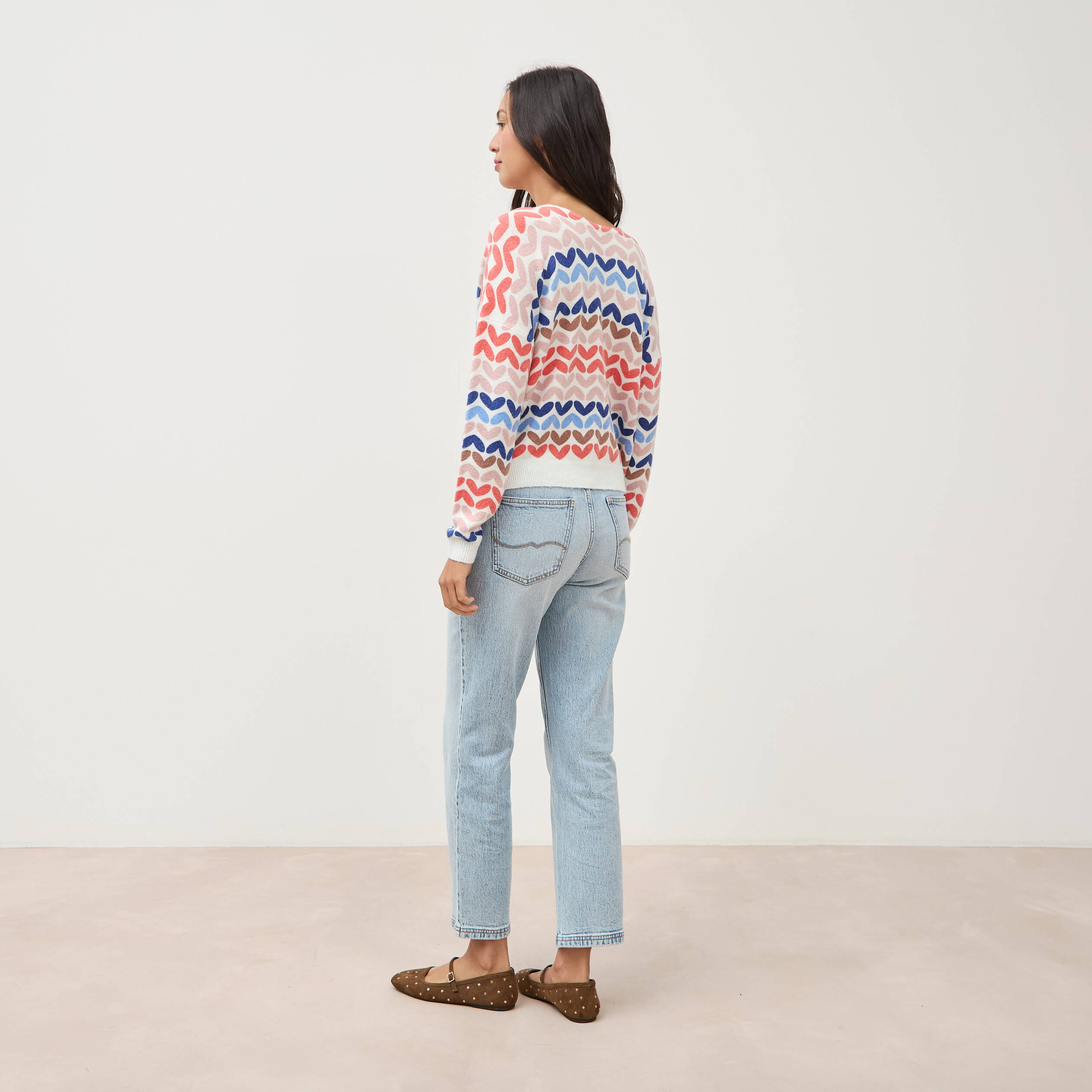 Pull droit col v manches longues multicolore femme