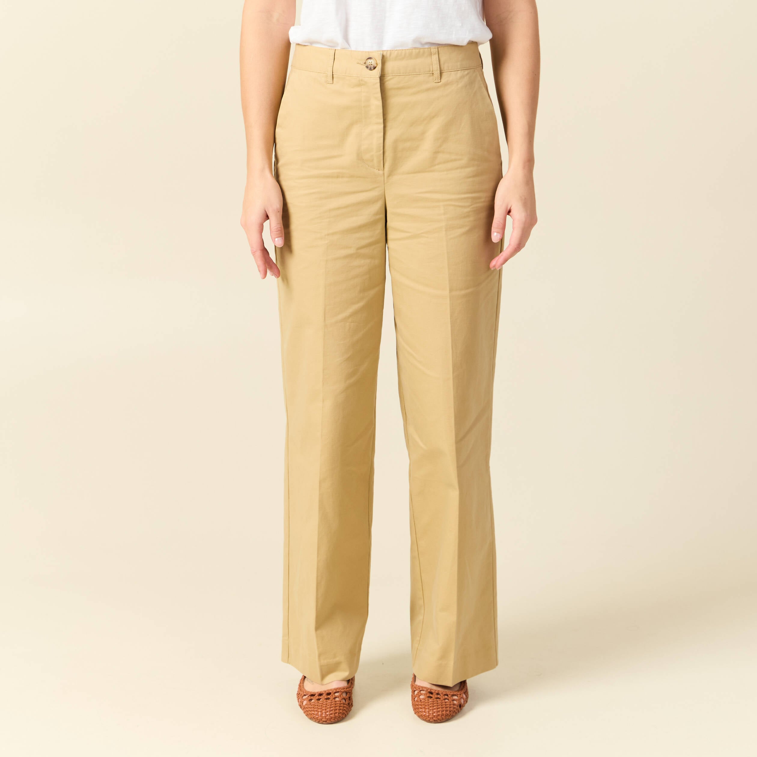 Pantalon large taille haute beige femme