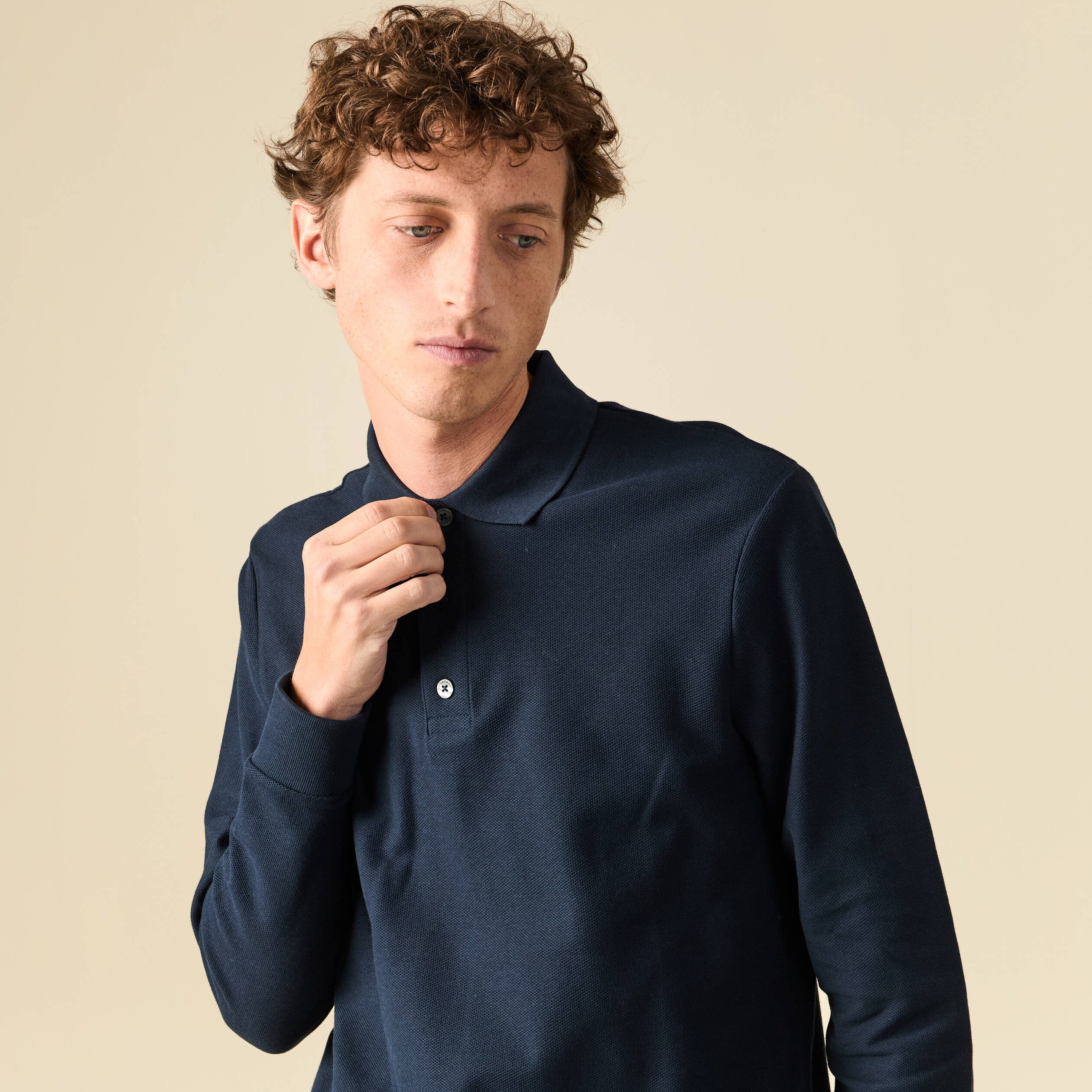 Polo manches longues en coton bleu marine homme