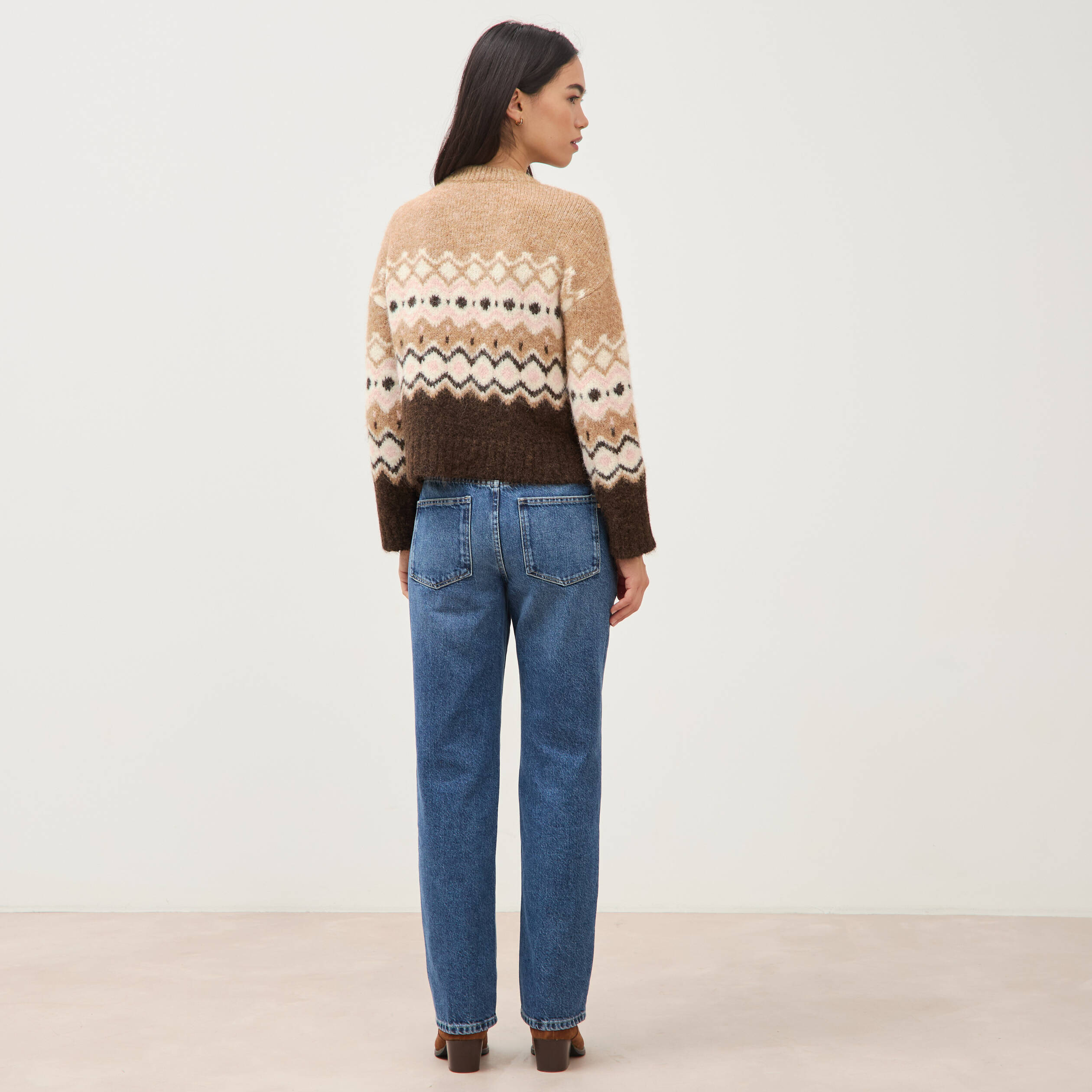 Pull droit col rond manches longues marron femme
