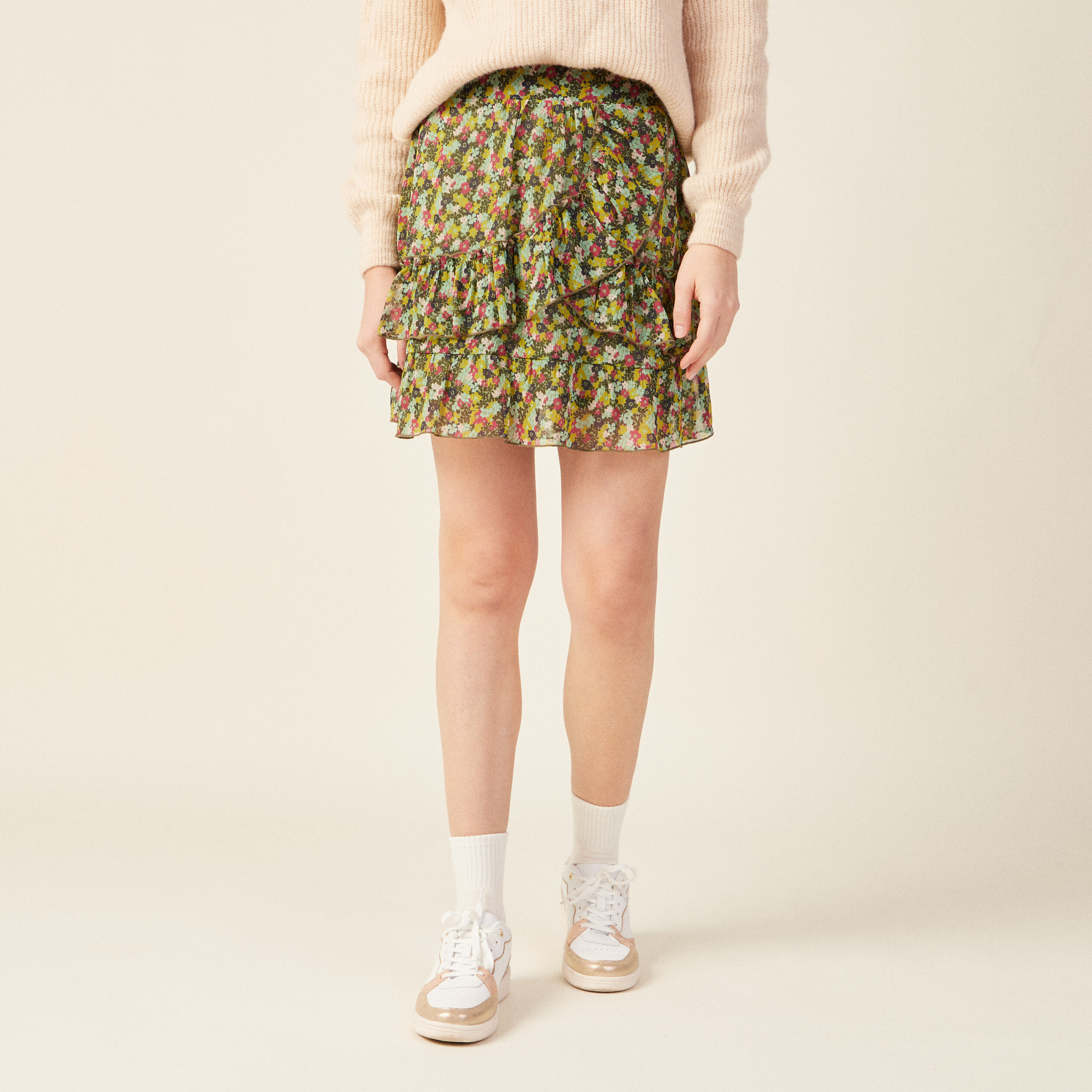 Jupe droite volantée vert kaki femme