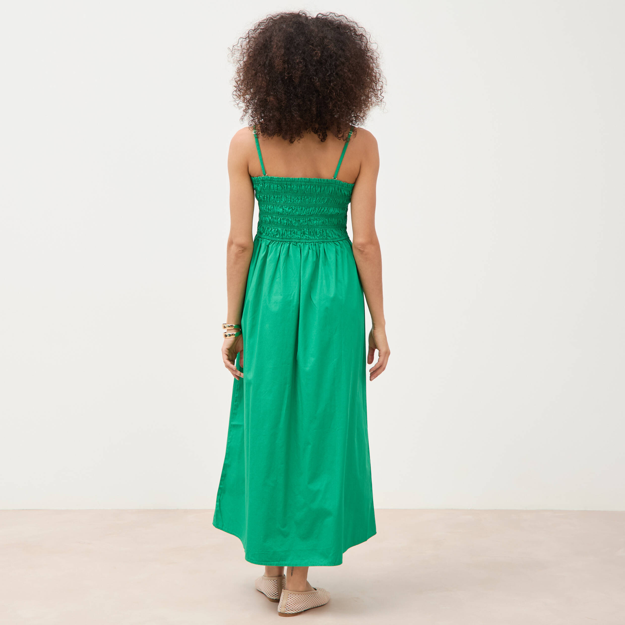 Robe bretelles col carr&eacute; en coton vert femme
