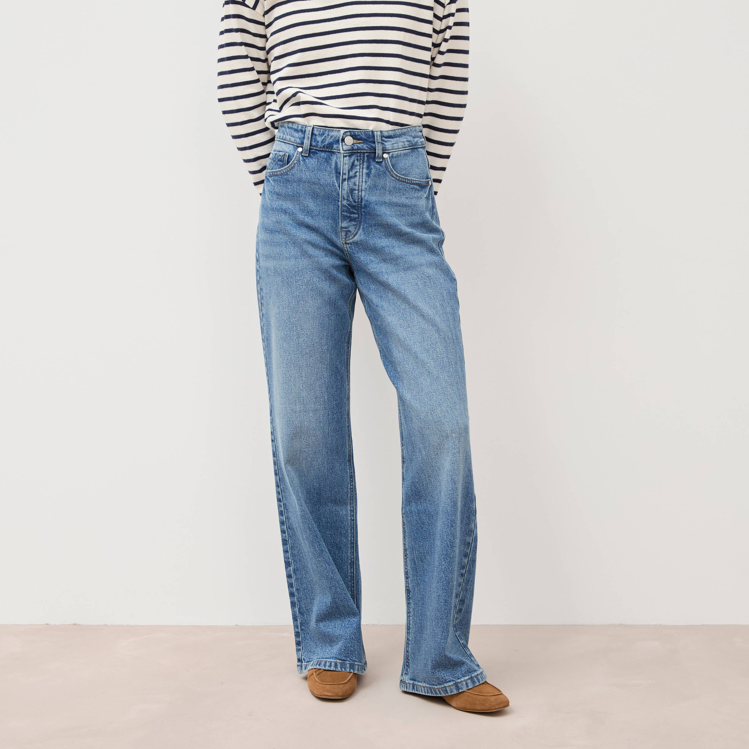 Jeans large taille haute denim stone femme