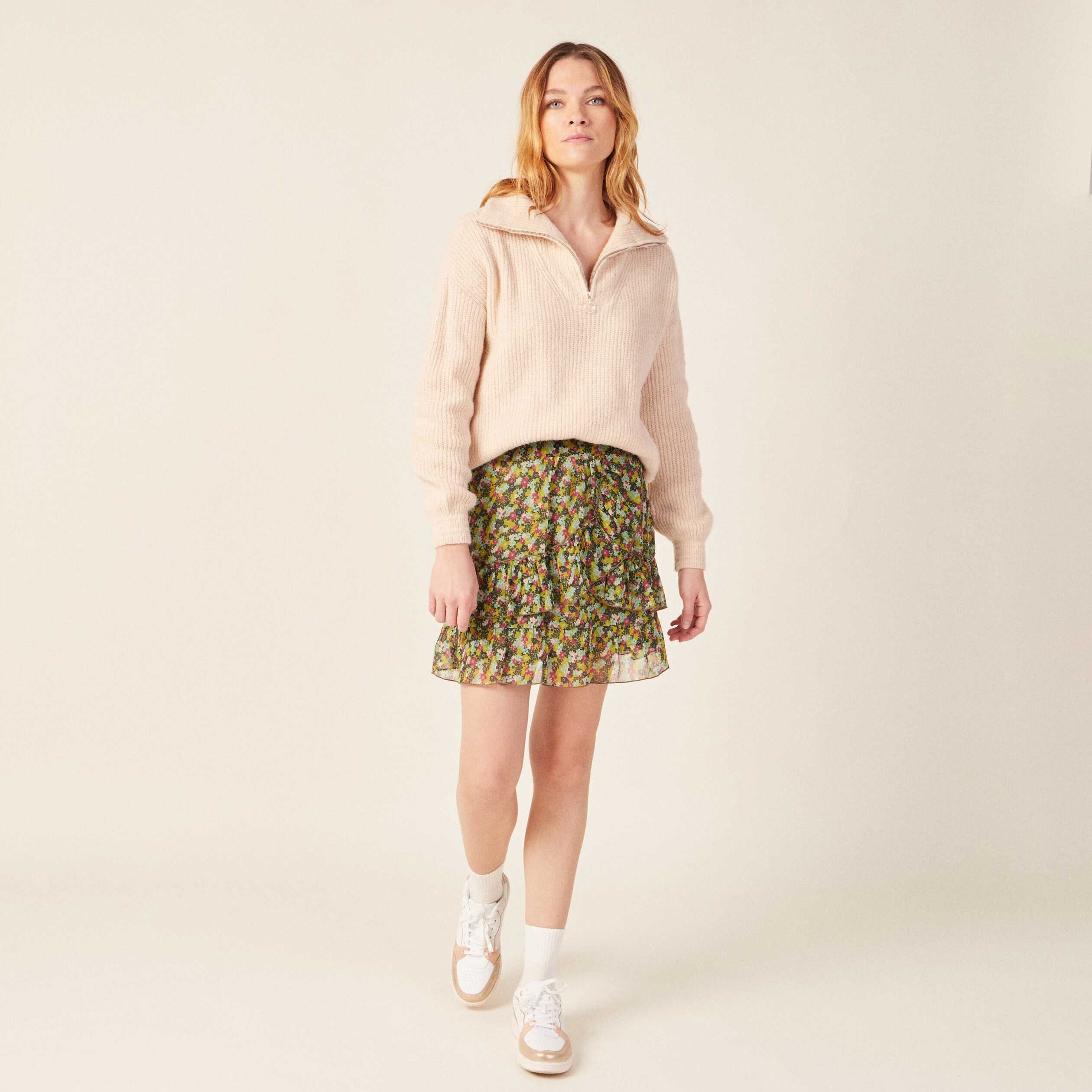 Jupe droite volantée vert kaki femme