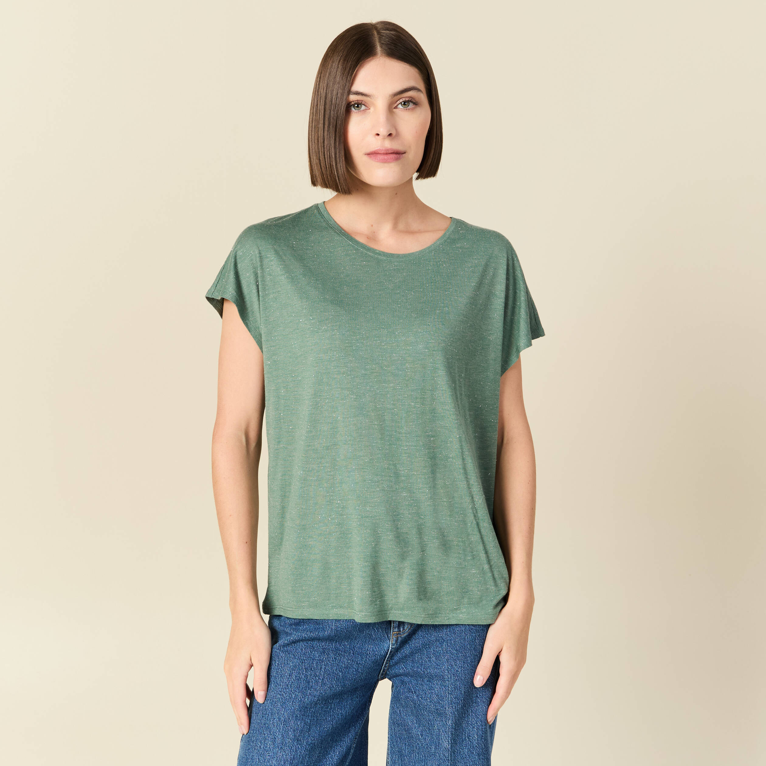T-shirt droit court manches courtes vert fonc&eacute; femme