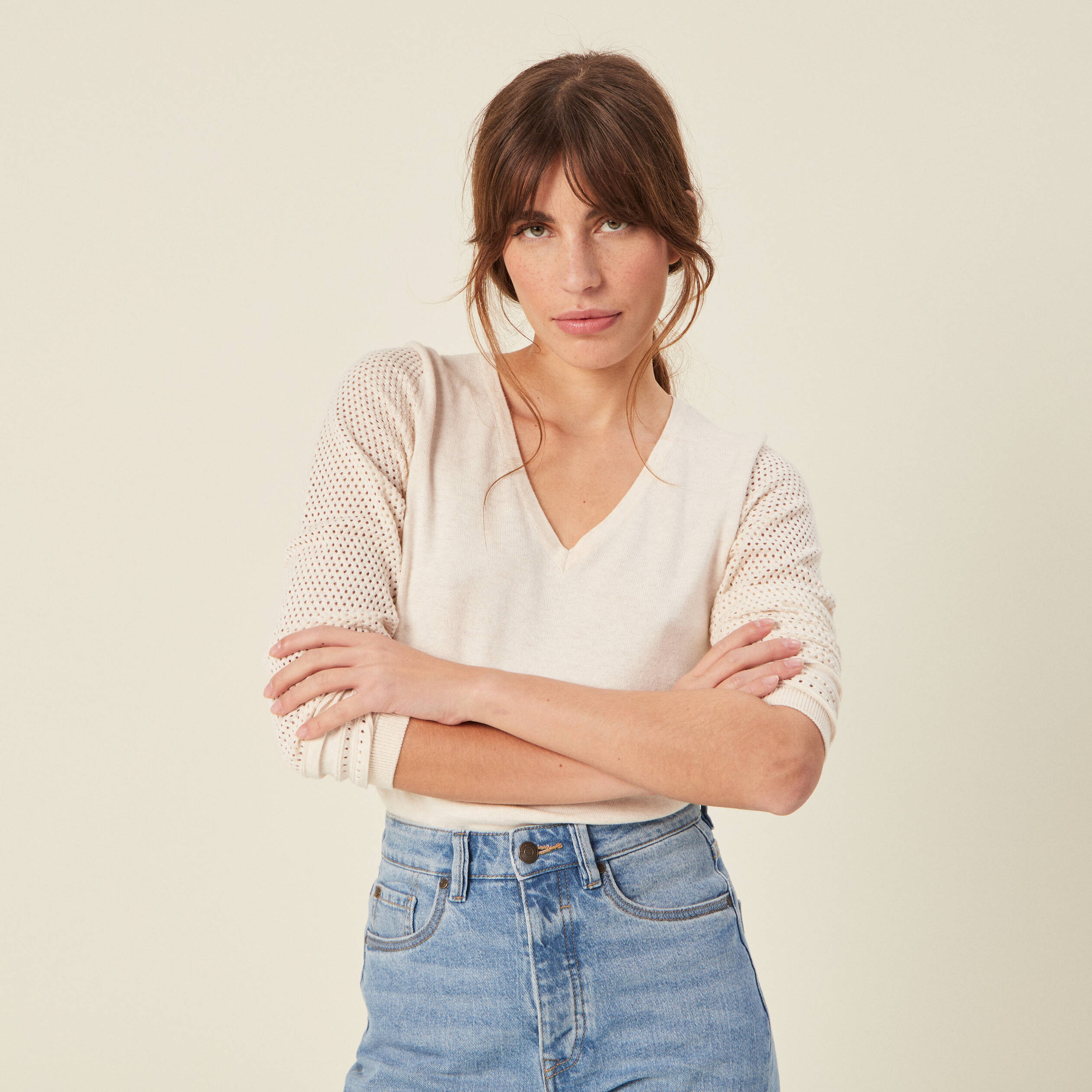 Pull à manches longues creme femme