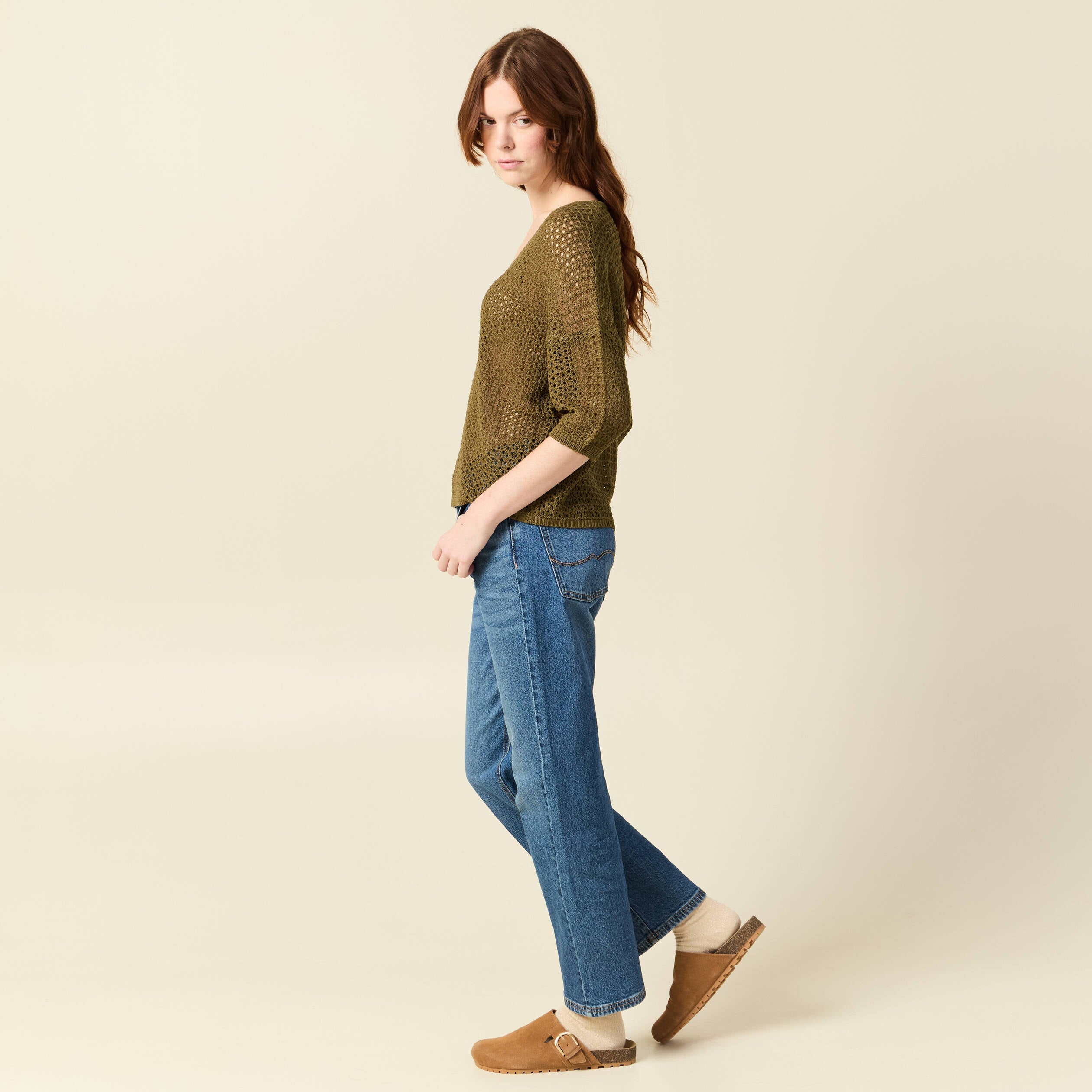 Pull ajour&eacute; col v manches 3/4 vert olive femme