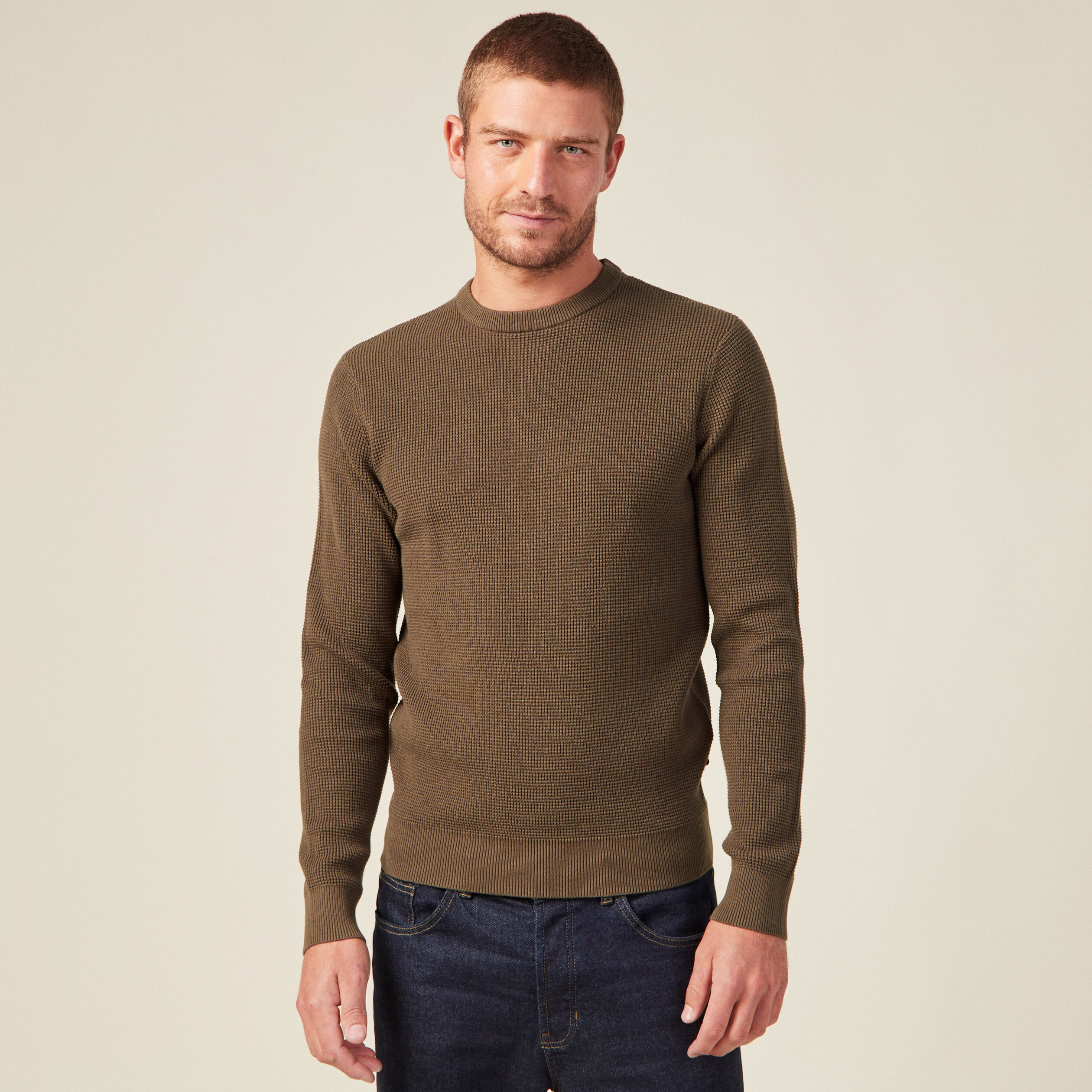 Pull manches longues col rond vert kaki homme