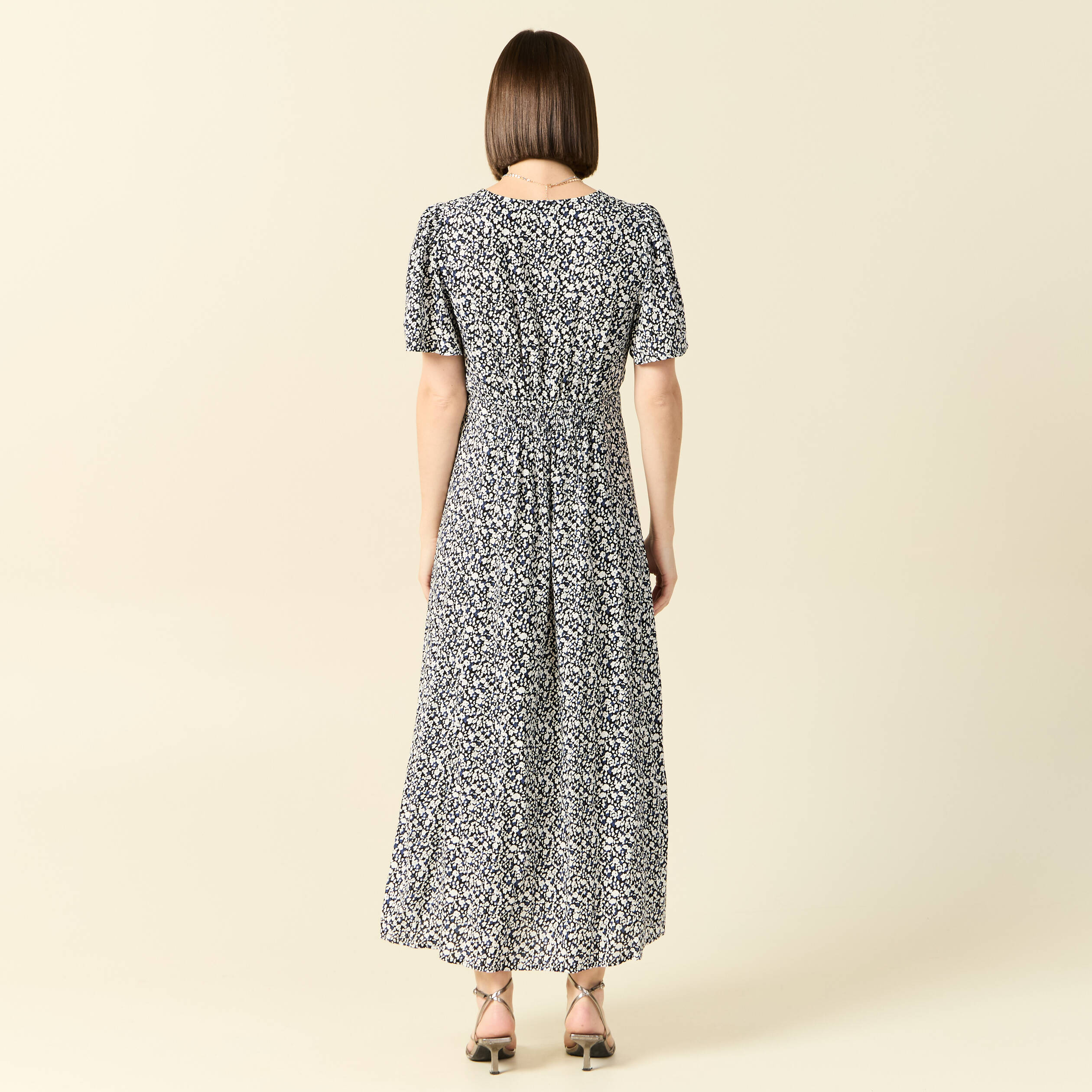 Robe longue droite col v manches courtes bleu femme