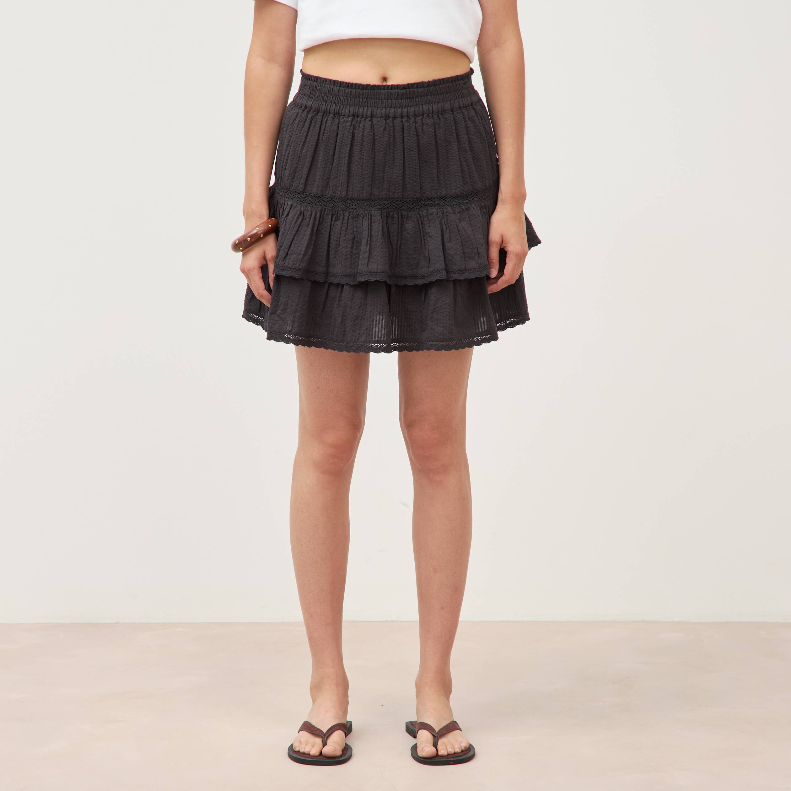 Mini-jupe fluide en coton doubl&eacute;e noir femme