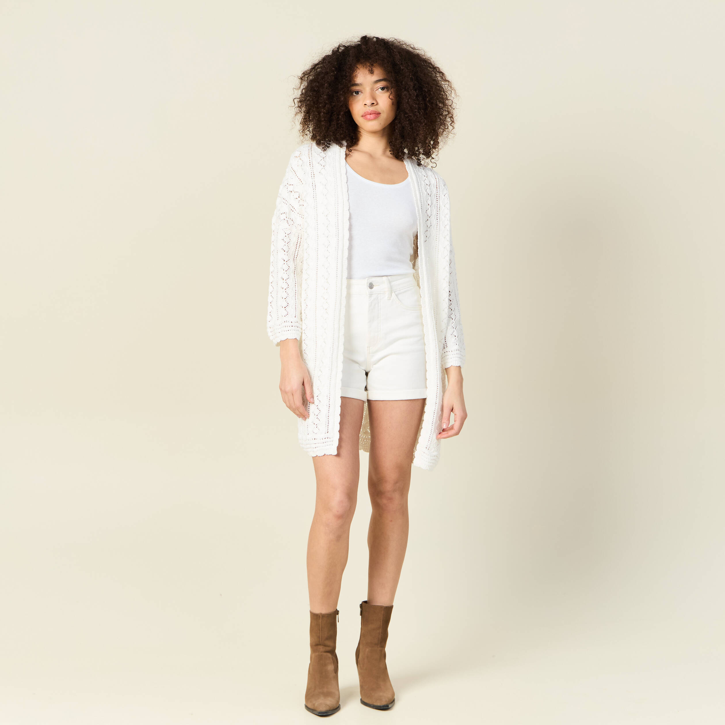 Gilet long ajour&eacute; ecru femme