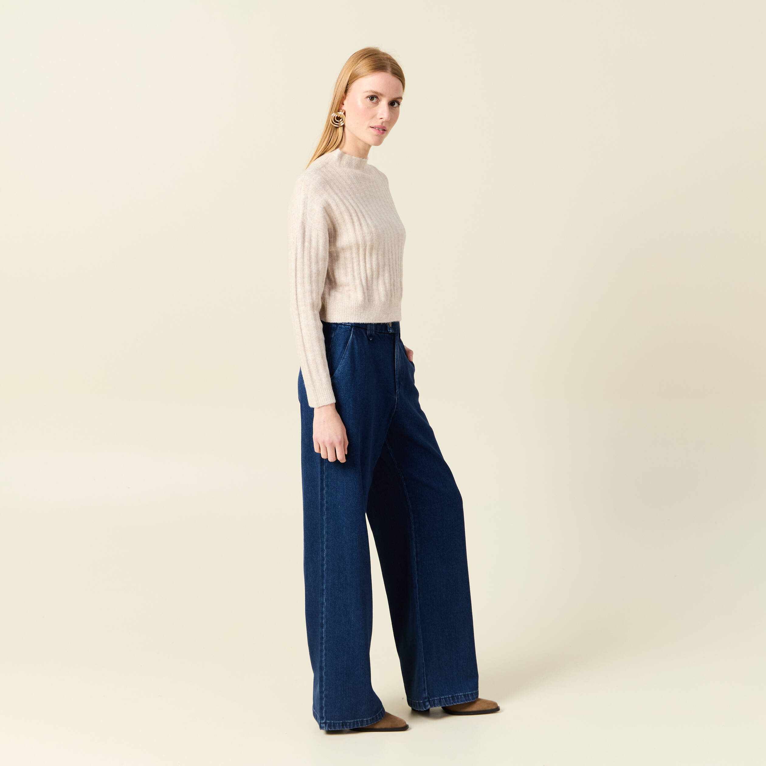 Pull manches longues cropped creme femme