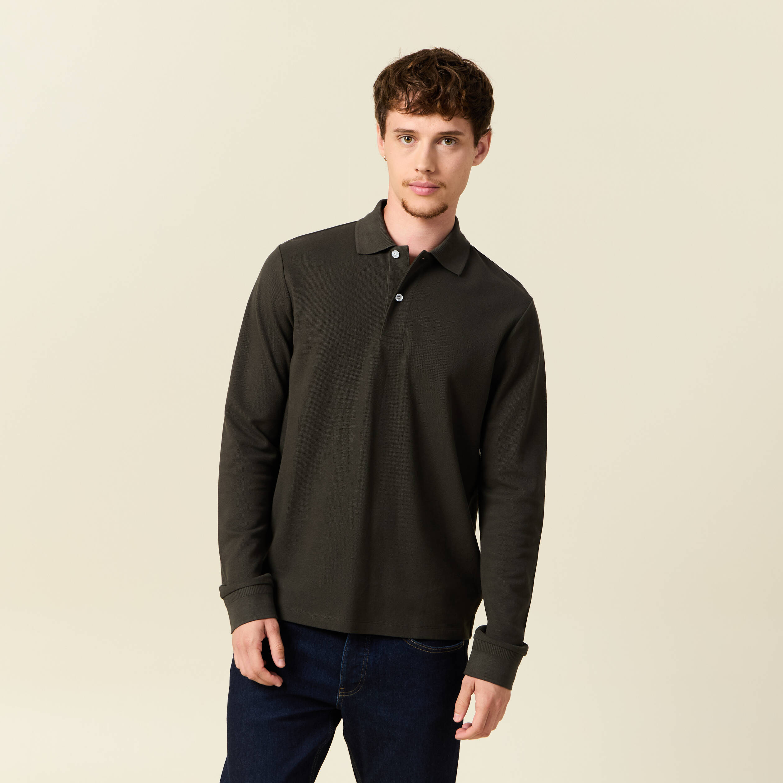 Polo manches longues en coton vert kaki homme