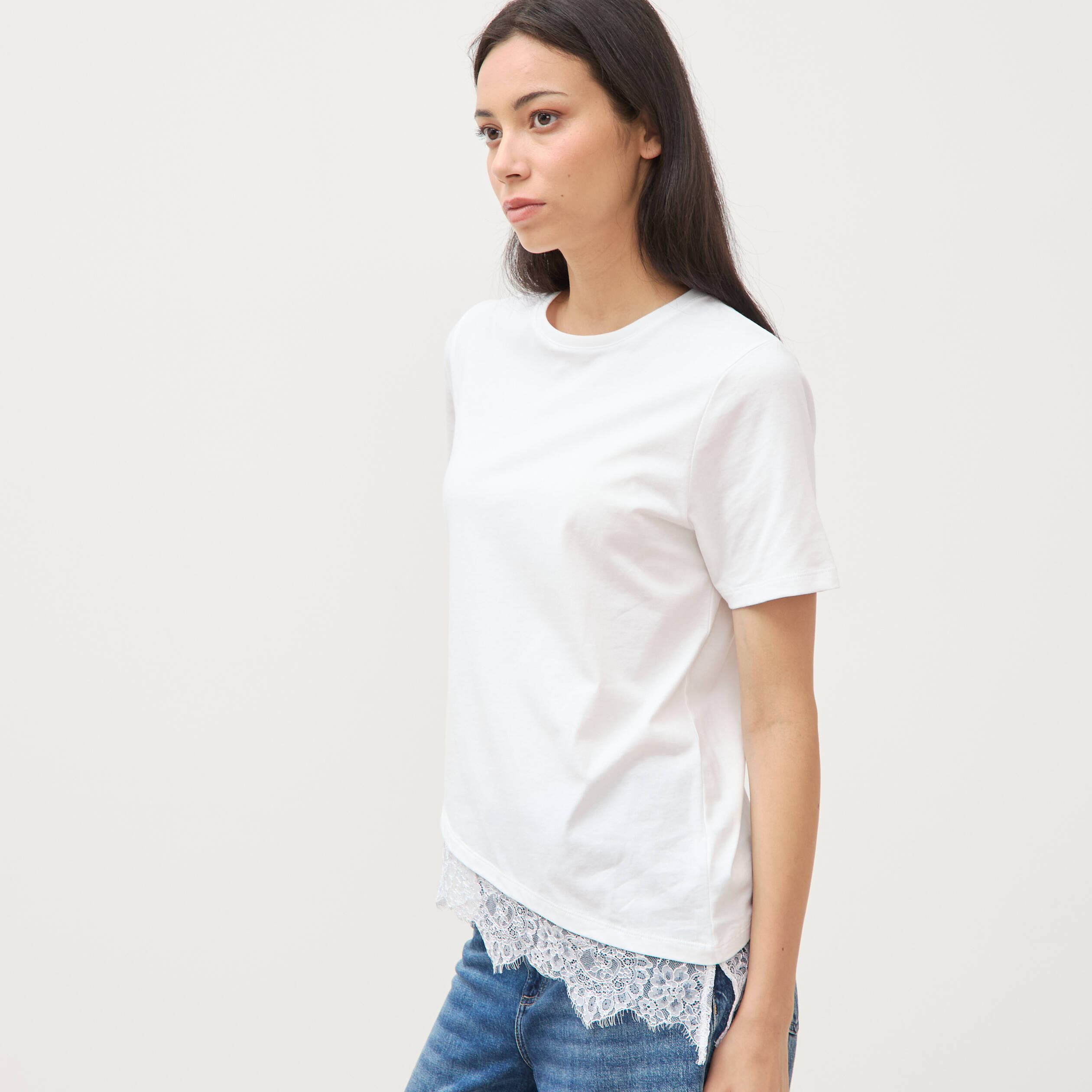 T-shirt droit col rond avec dentelle ecru femme