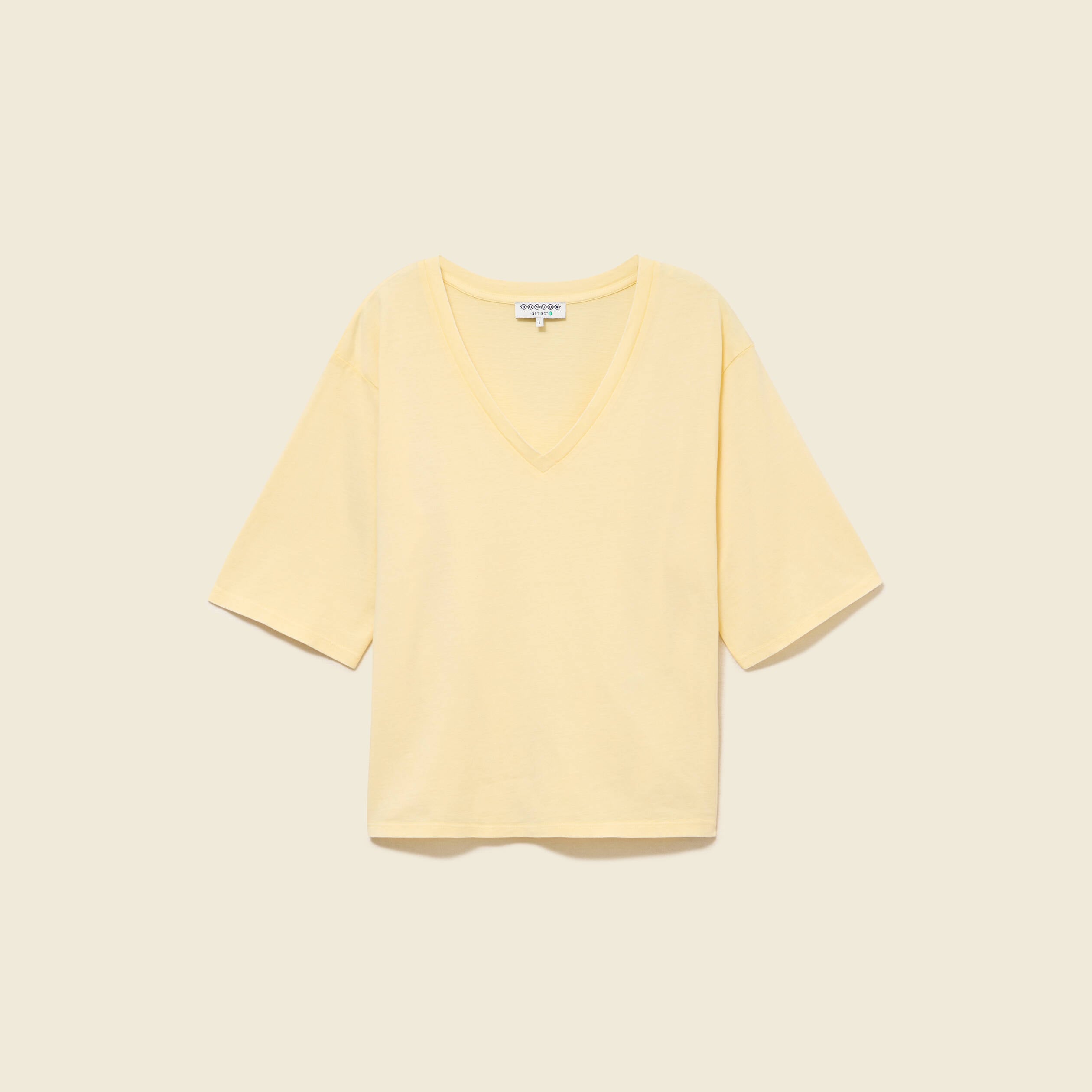 T-shirt col v manches courtes en coton jaune clair femme