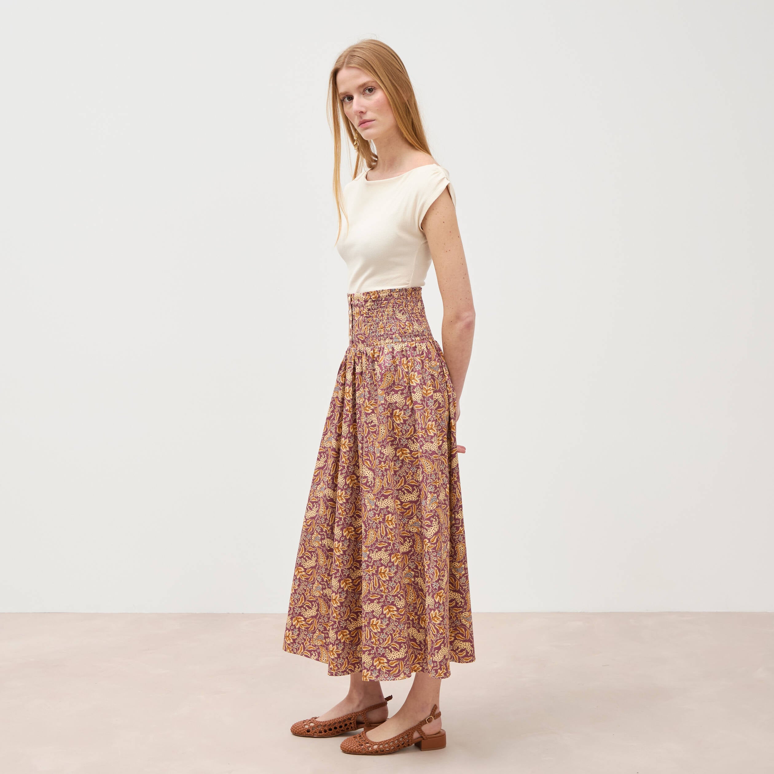 Jupe longue &eacute;vas&eacute;e en coton beige moyen femme