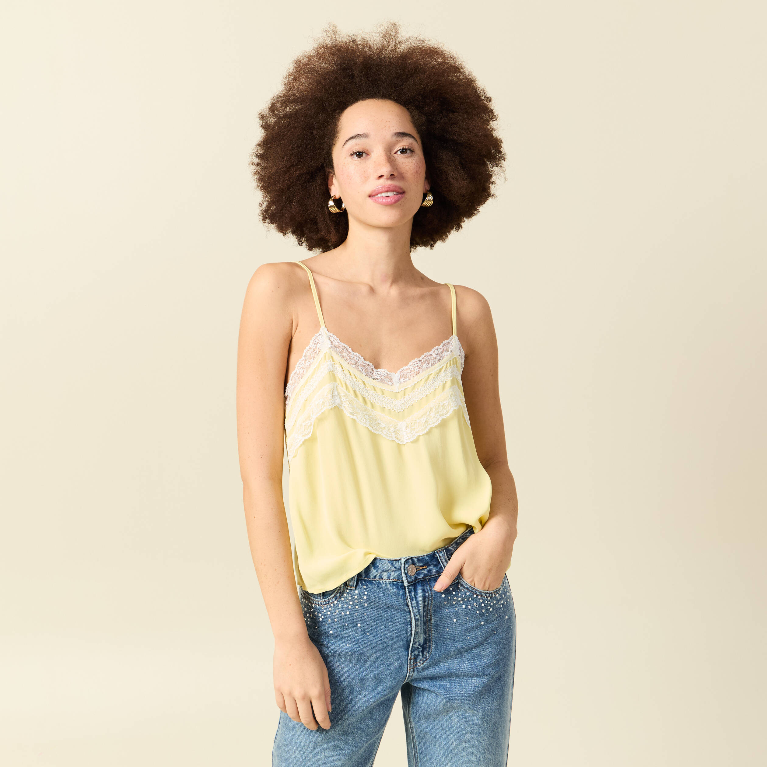 D&eacute;bardeur bretelles col v fluide jaune pastel femme