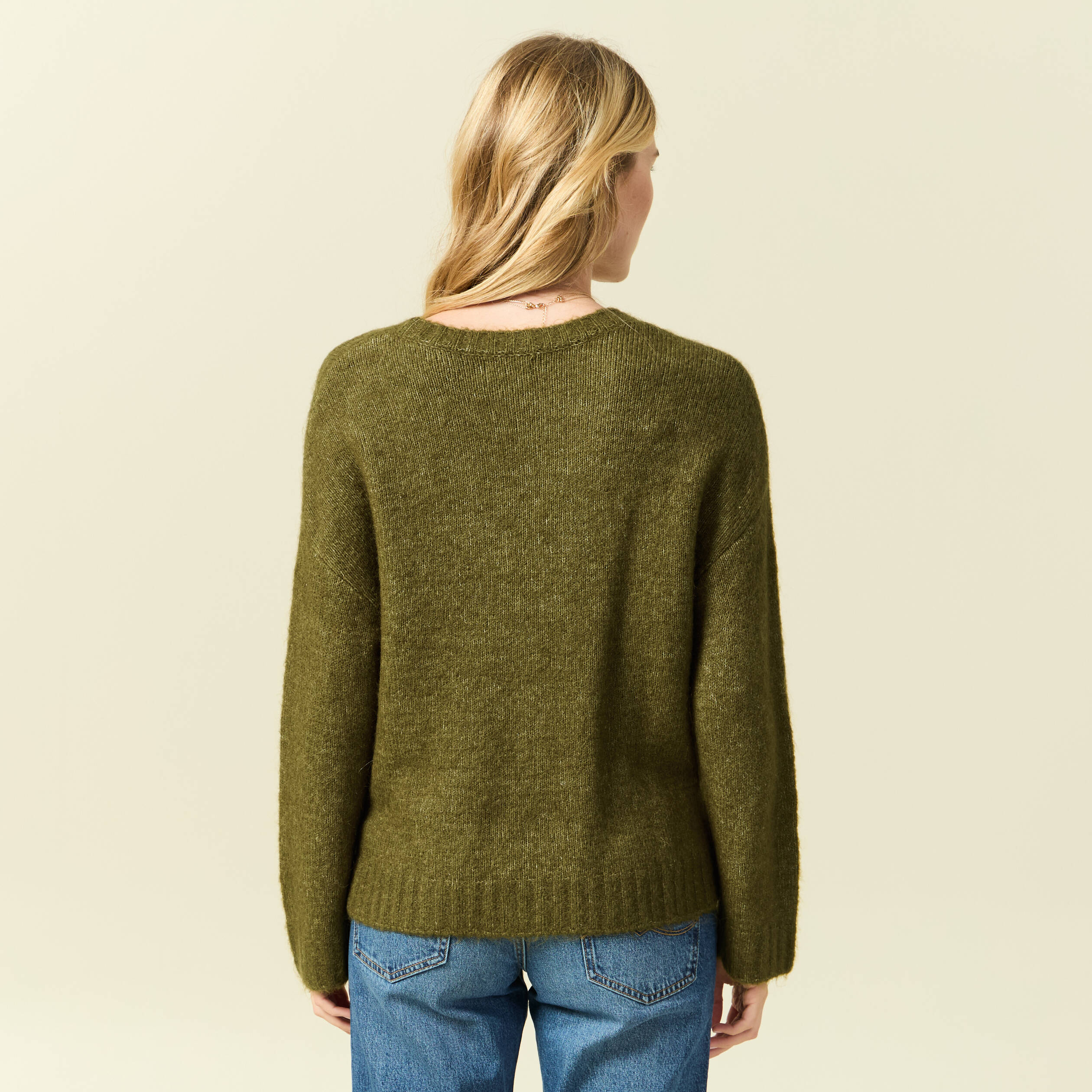 Pull col rond manches longues vert kaki femme