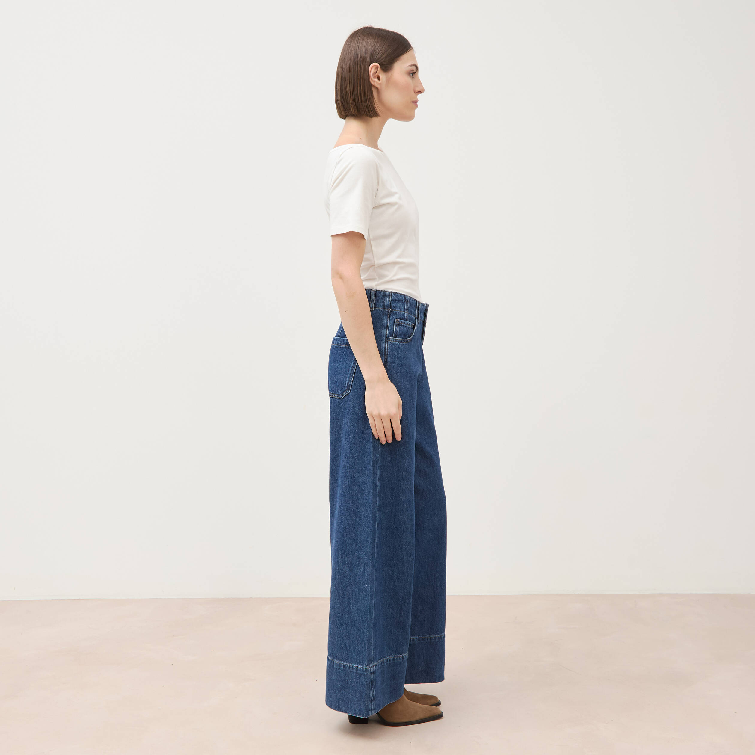 Jeans loose taille haute en coton denim used femme