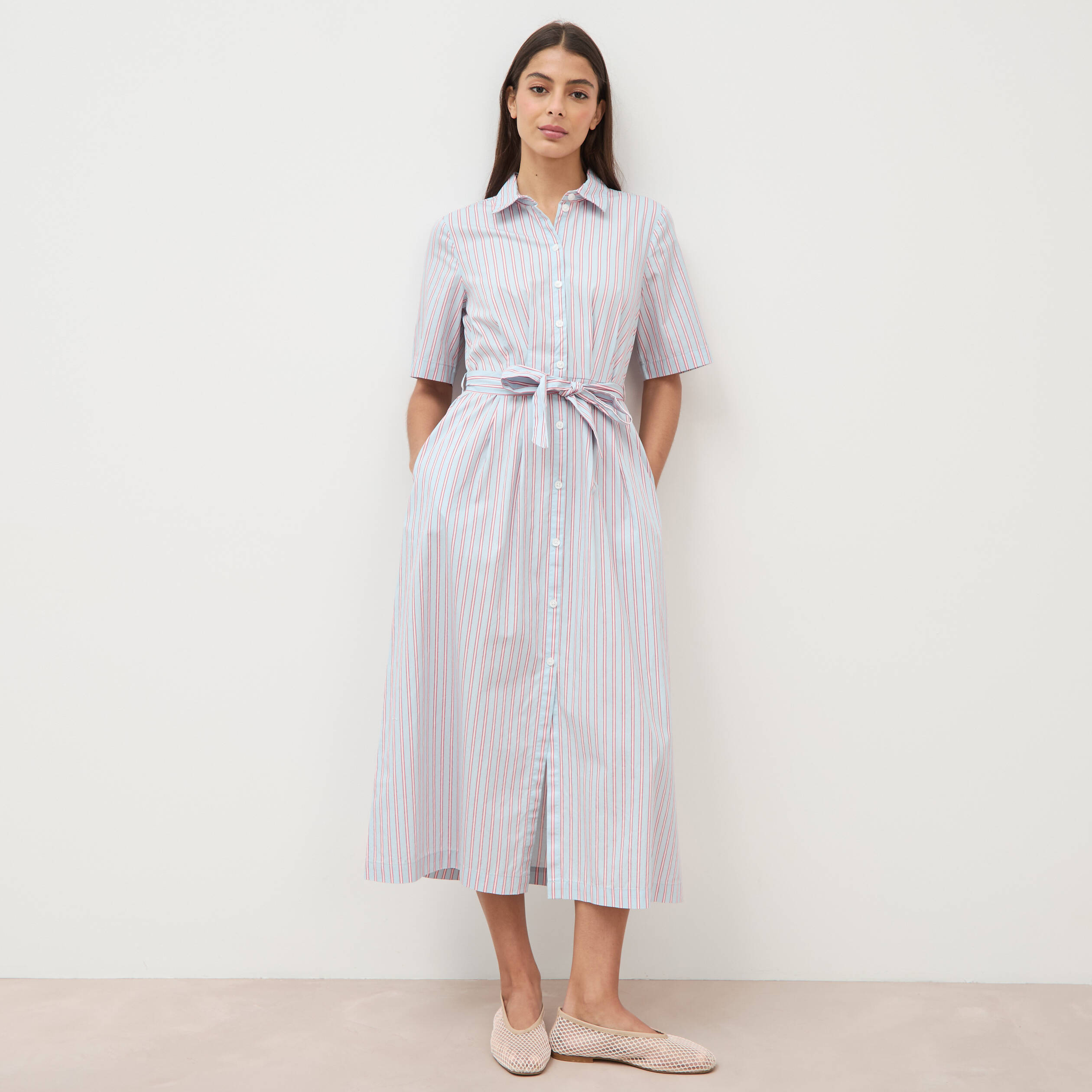 Robe longue droite manches courtes bleu ciel femme