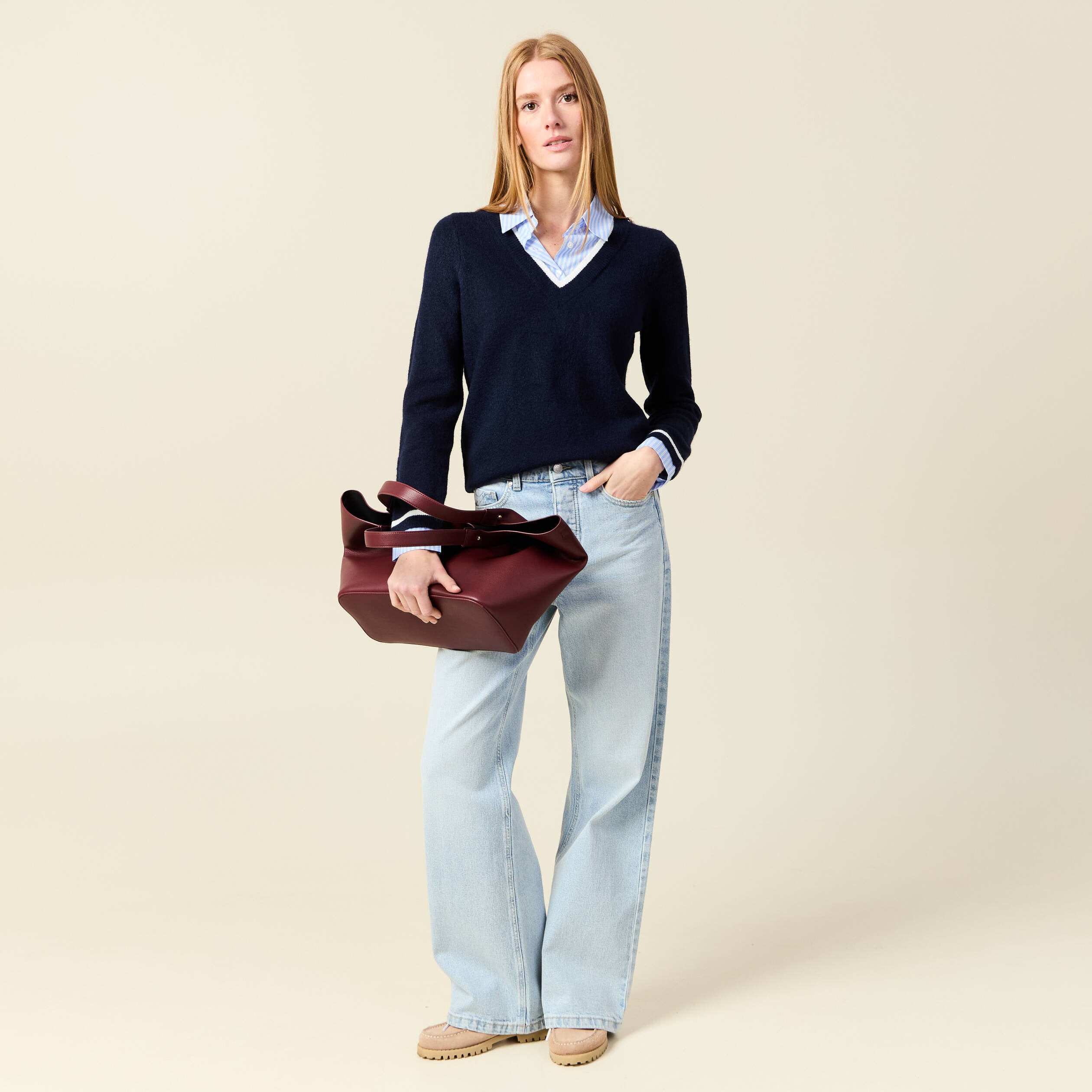 Pull manches longues 2-en-1 bleu fonc&eacute; femme