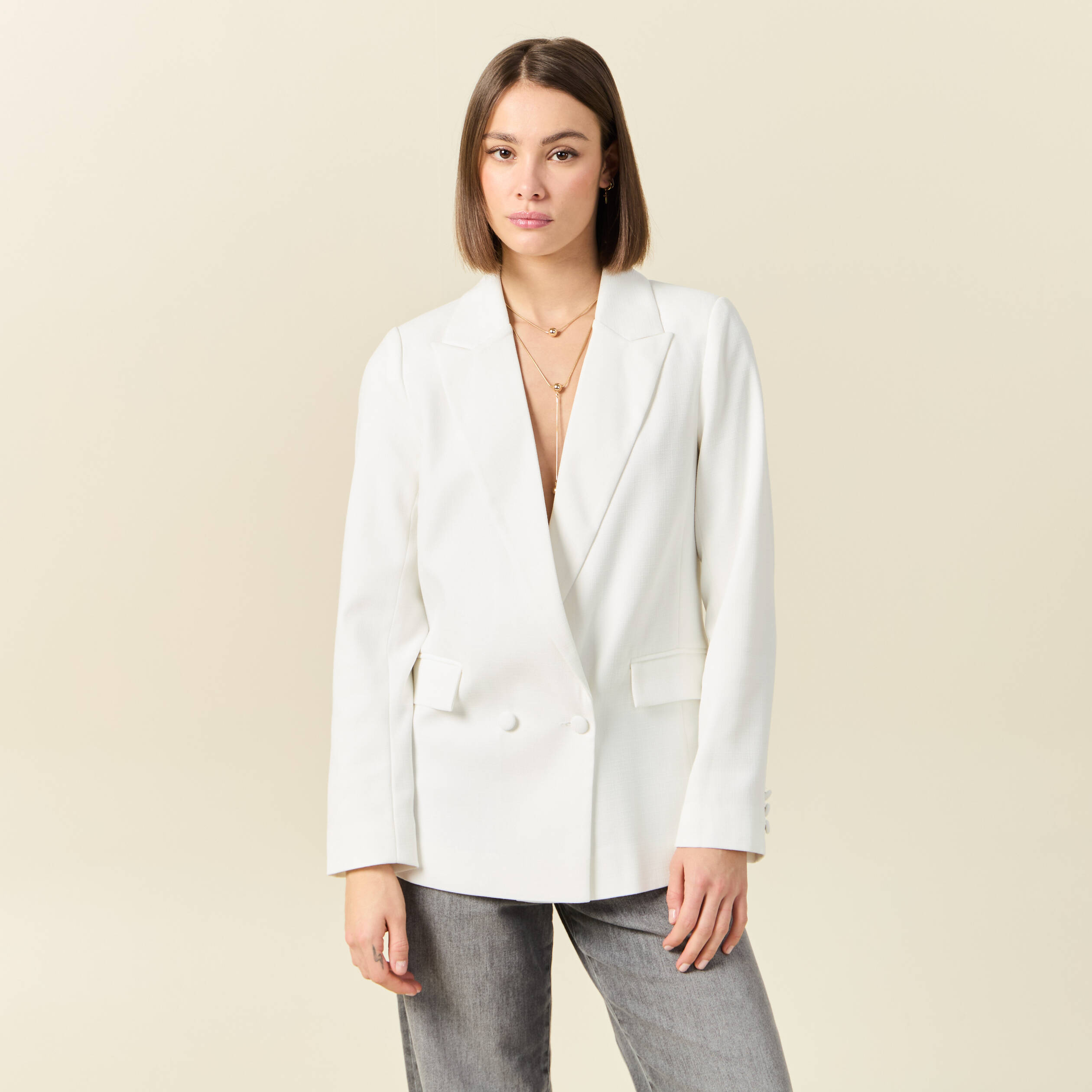 Veste esprit blazer droite ecru femme