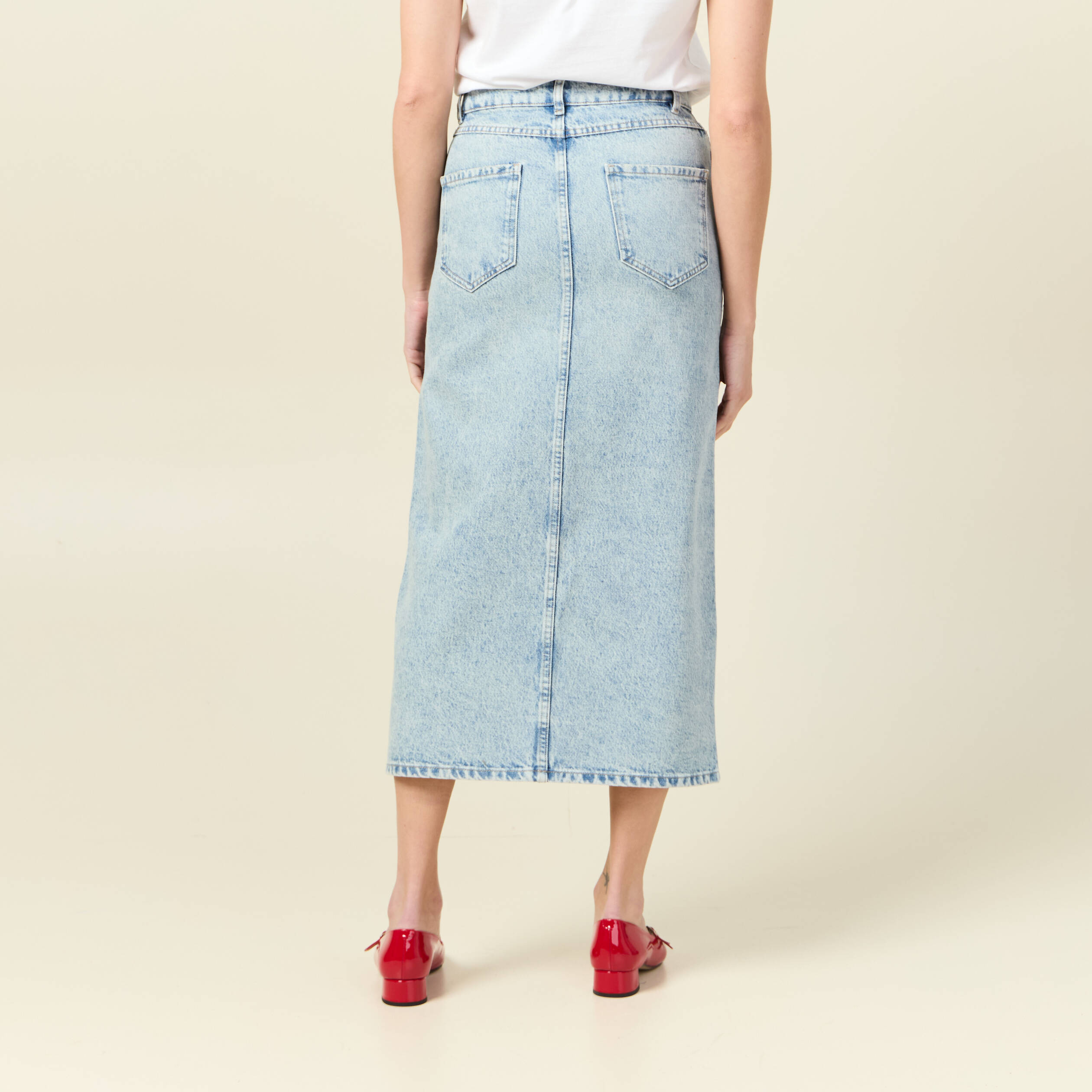 jupe midi droite en jean denim bleach femme Jupe midi droite en jean denim bleach femme