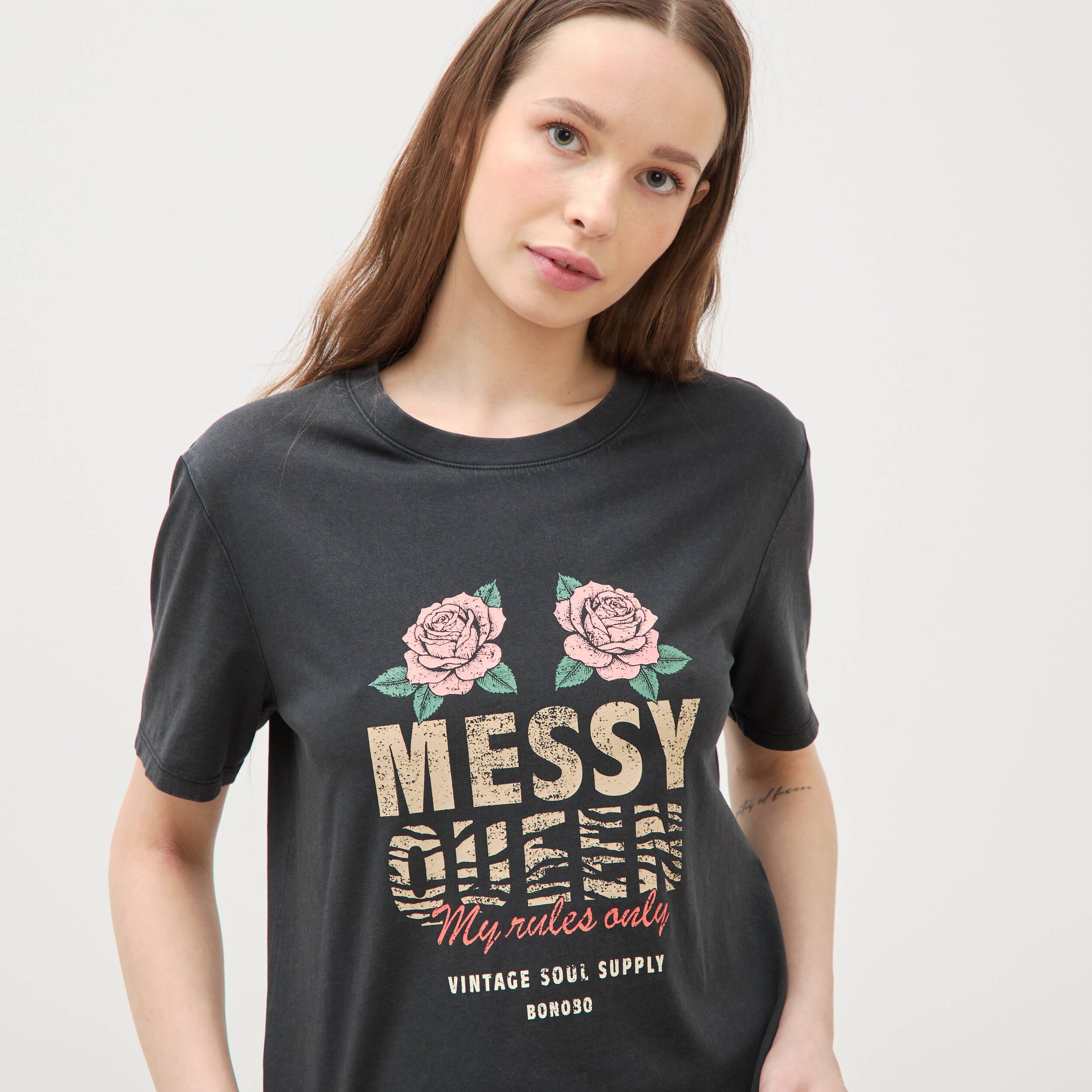 T-shirt droit col rond manches courtes noir femme