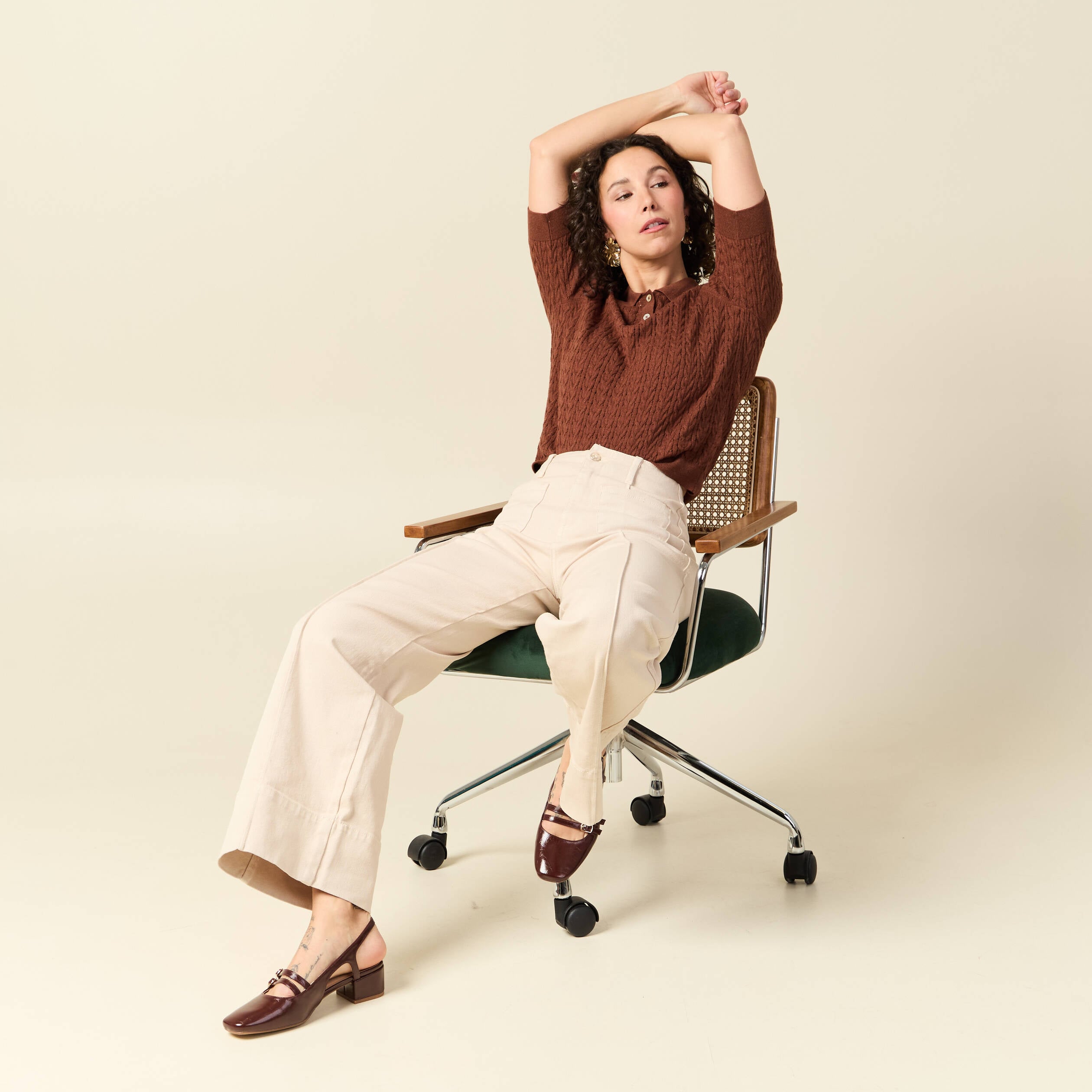 Polo col polo manches coude en coton marron fonc&eacute; femme