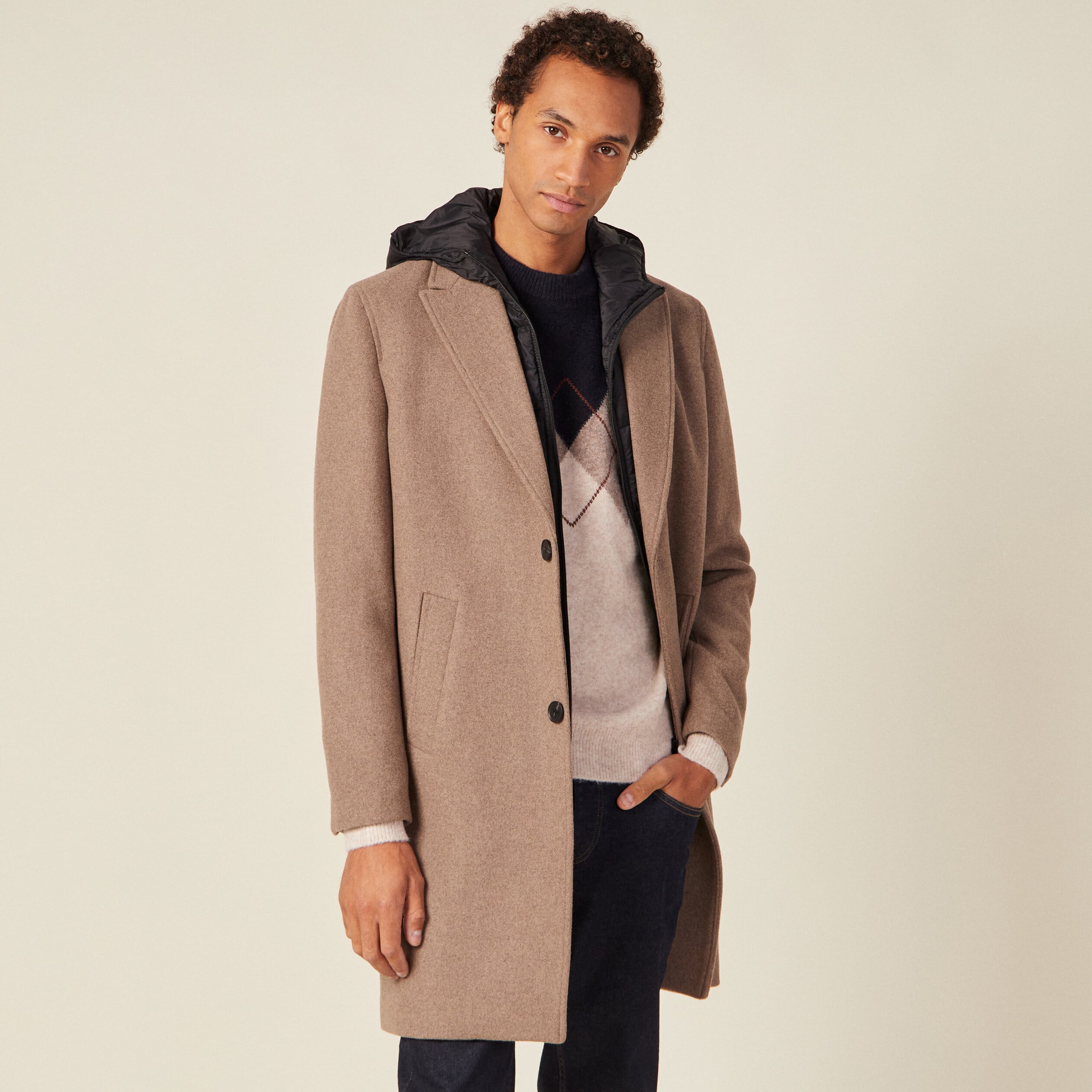 Manteau avec capuche amovible vert kaki homme