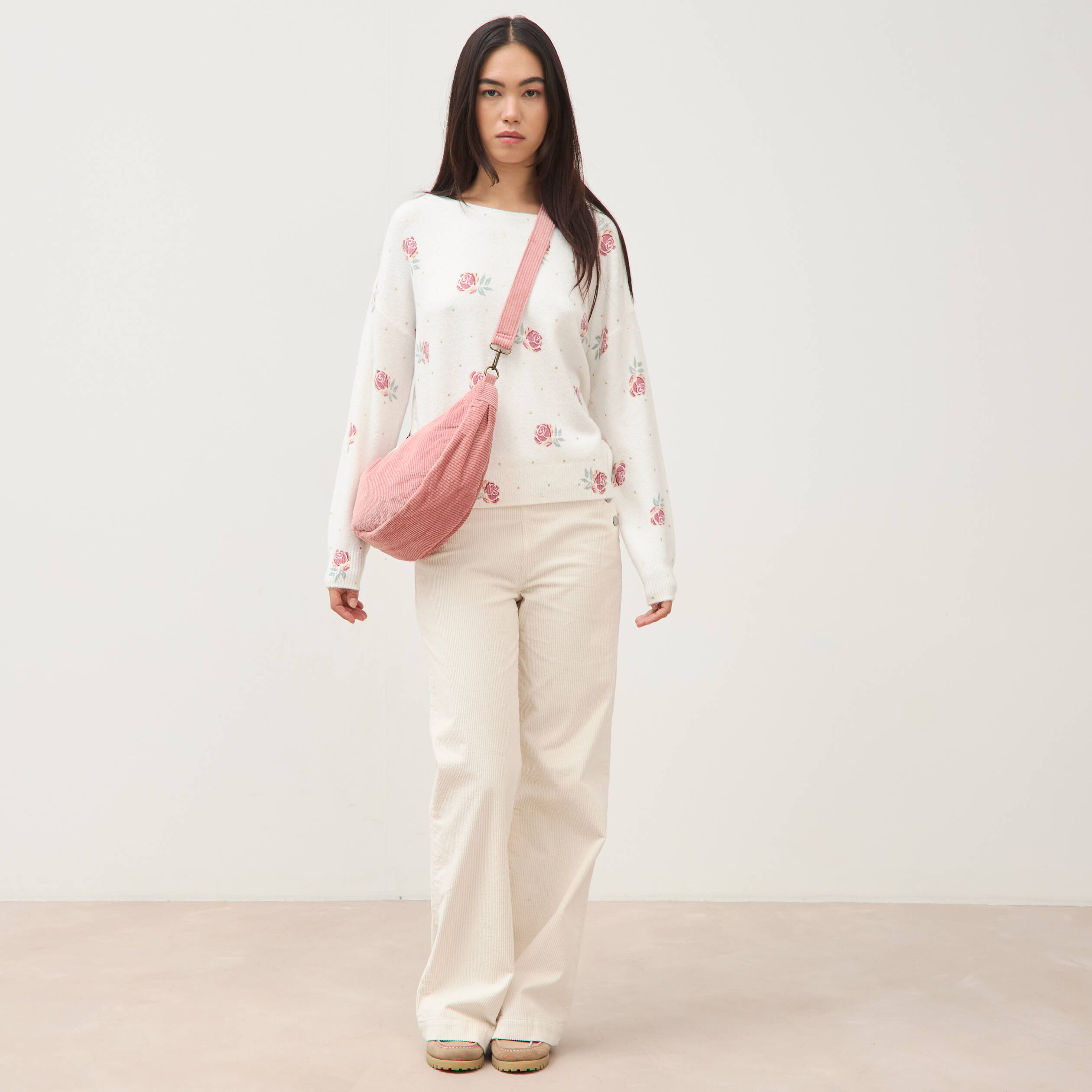 Pull col bateau manches longues ecru femme