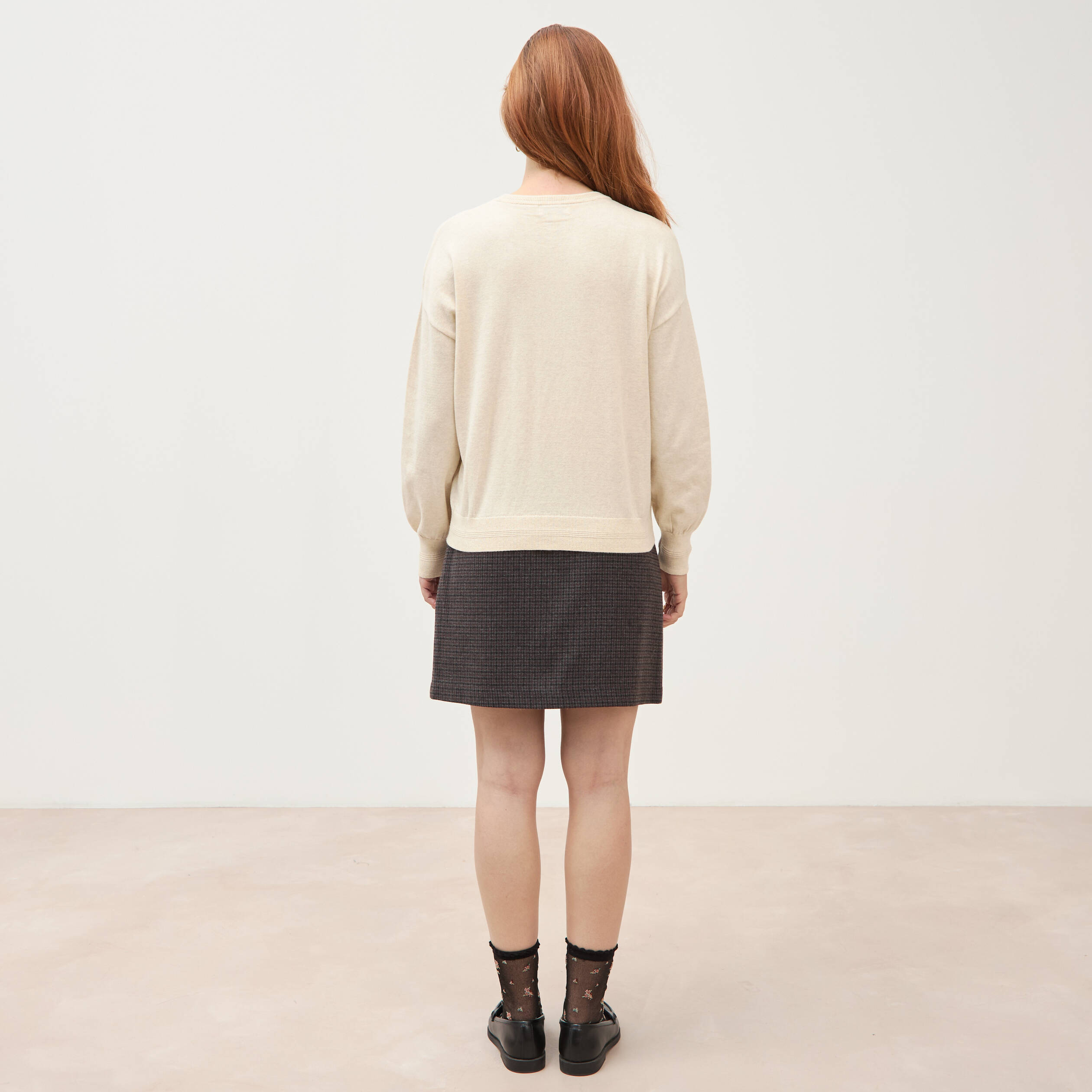 Pull droit col rond manches longues creme femme