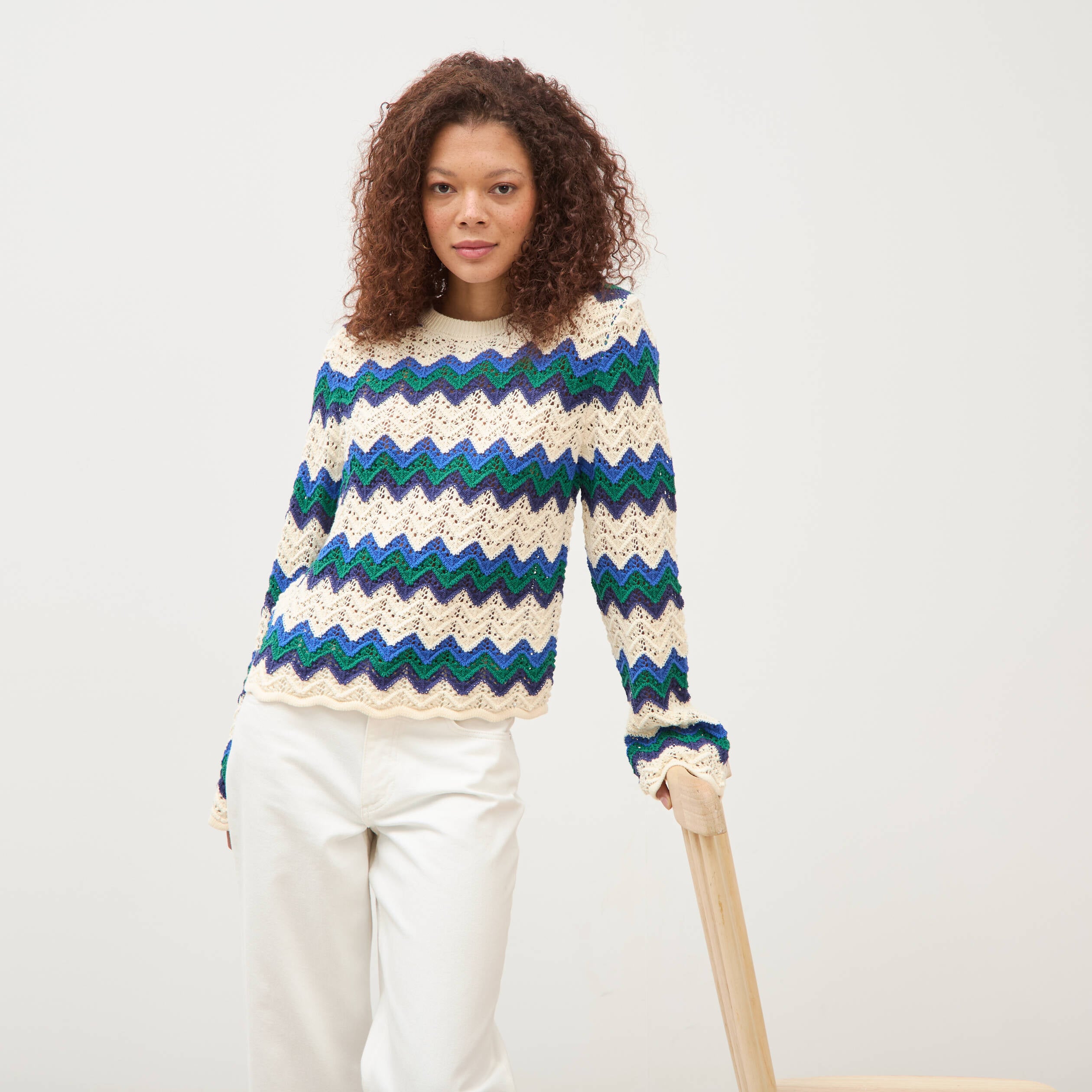 Pull ajour&eacute; coton manches longues ecru femme