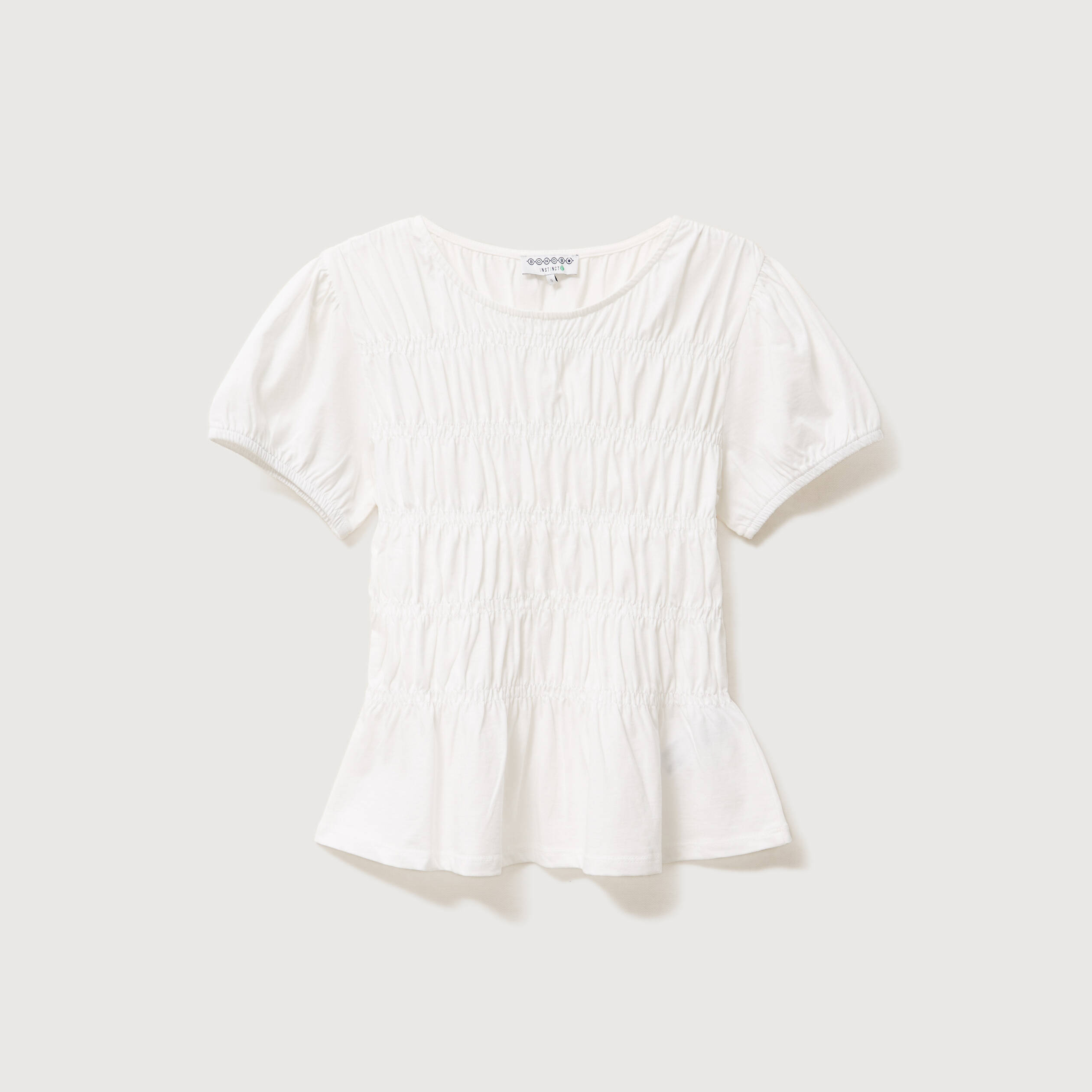 T-shirt fronc&eacute; col rond manches courtes ecru femme