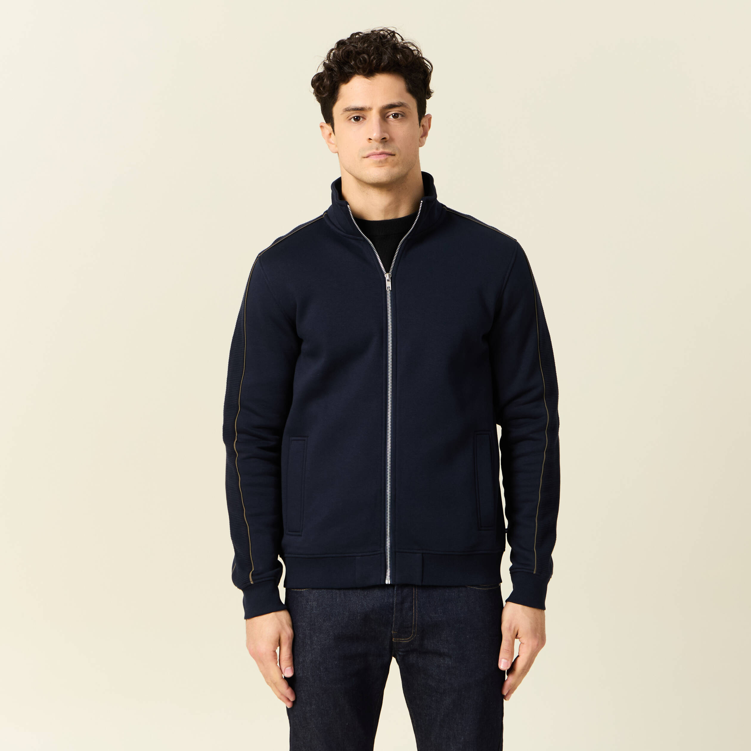 gilet manches longues zippe bleu marine homme Gilet manches longues zippé bleu marine homme