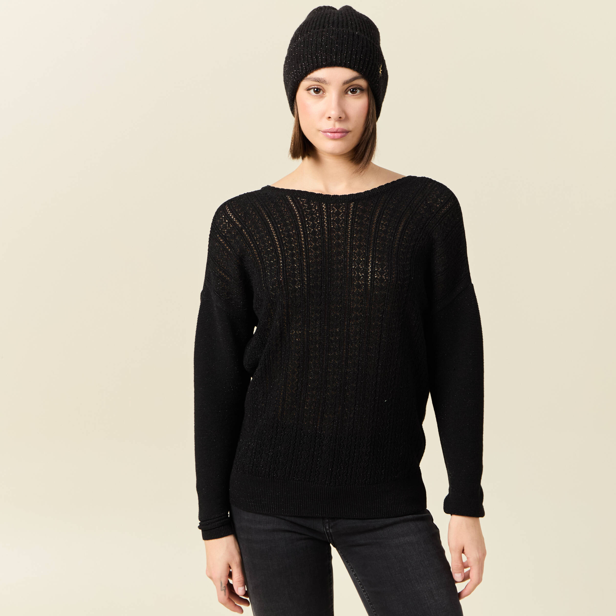 pull manches longues ajoure noir femme Pull manches longues ajouré noir femme