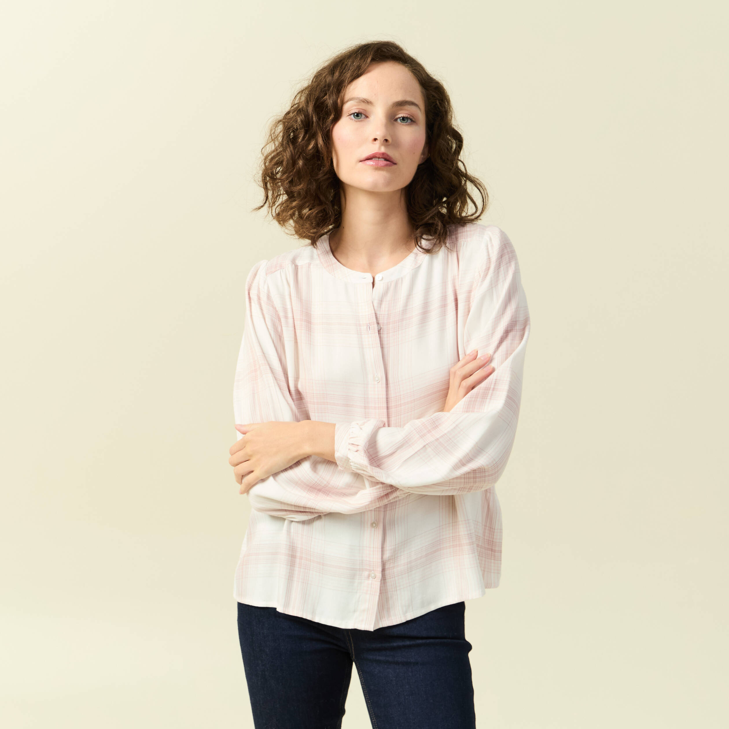 Chemise manches longues col rond rose poudrée femme Vibs