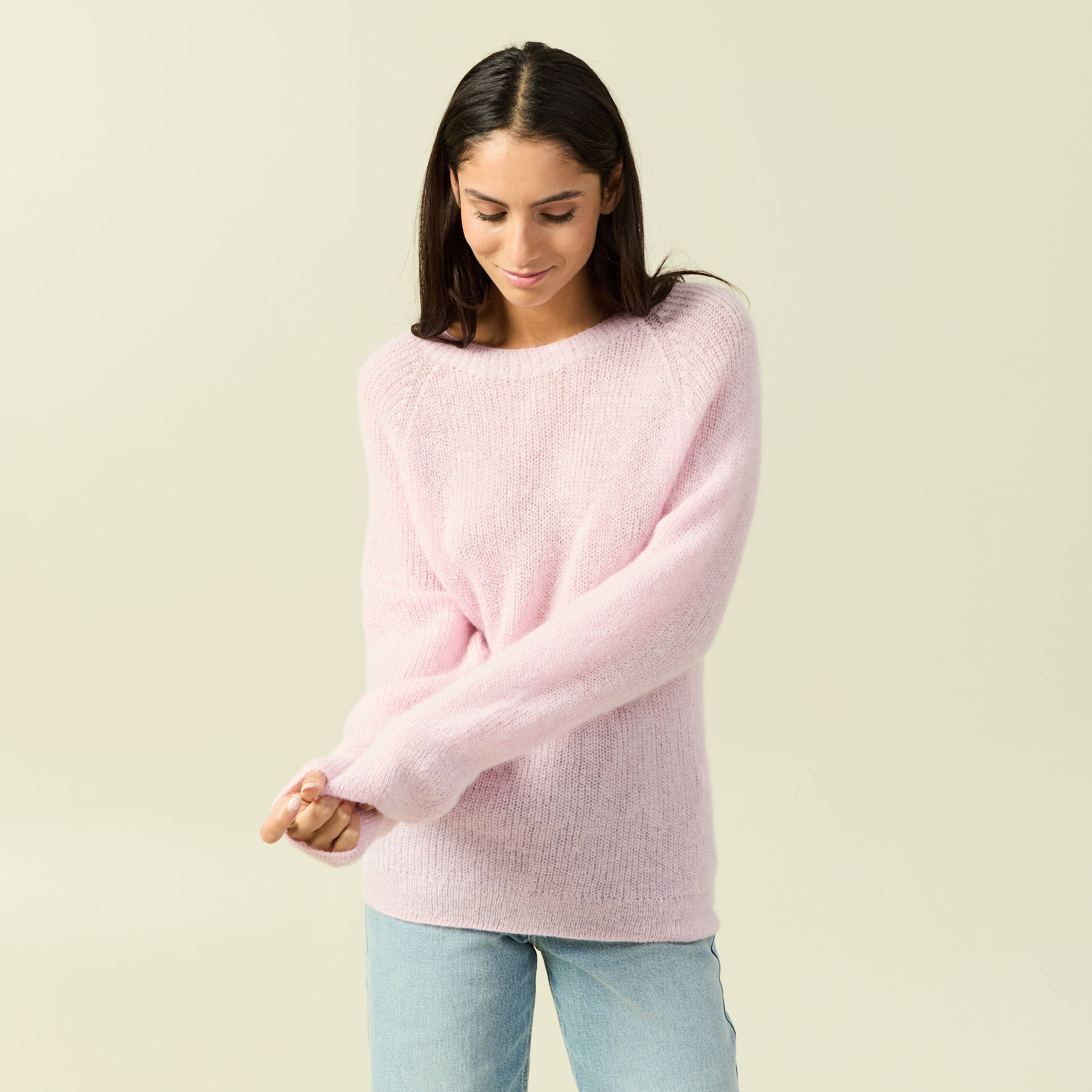 Pull manches longues col rond rose femme