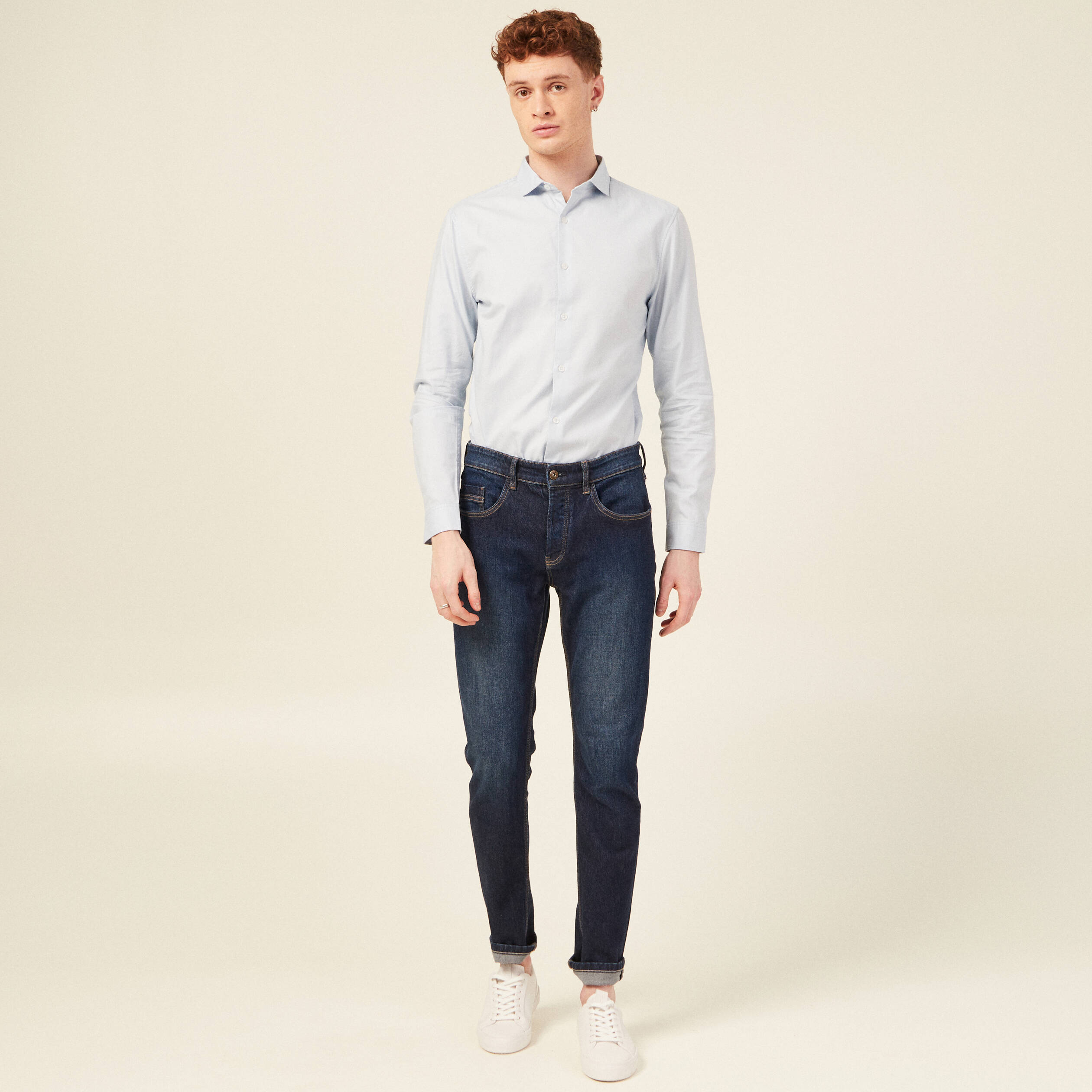 Col cintr&eacute; en coton manches longues bleu ciel homme