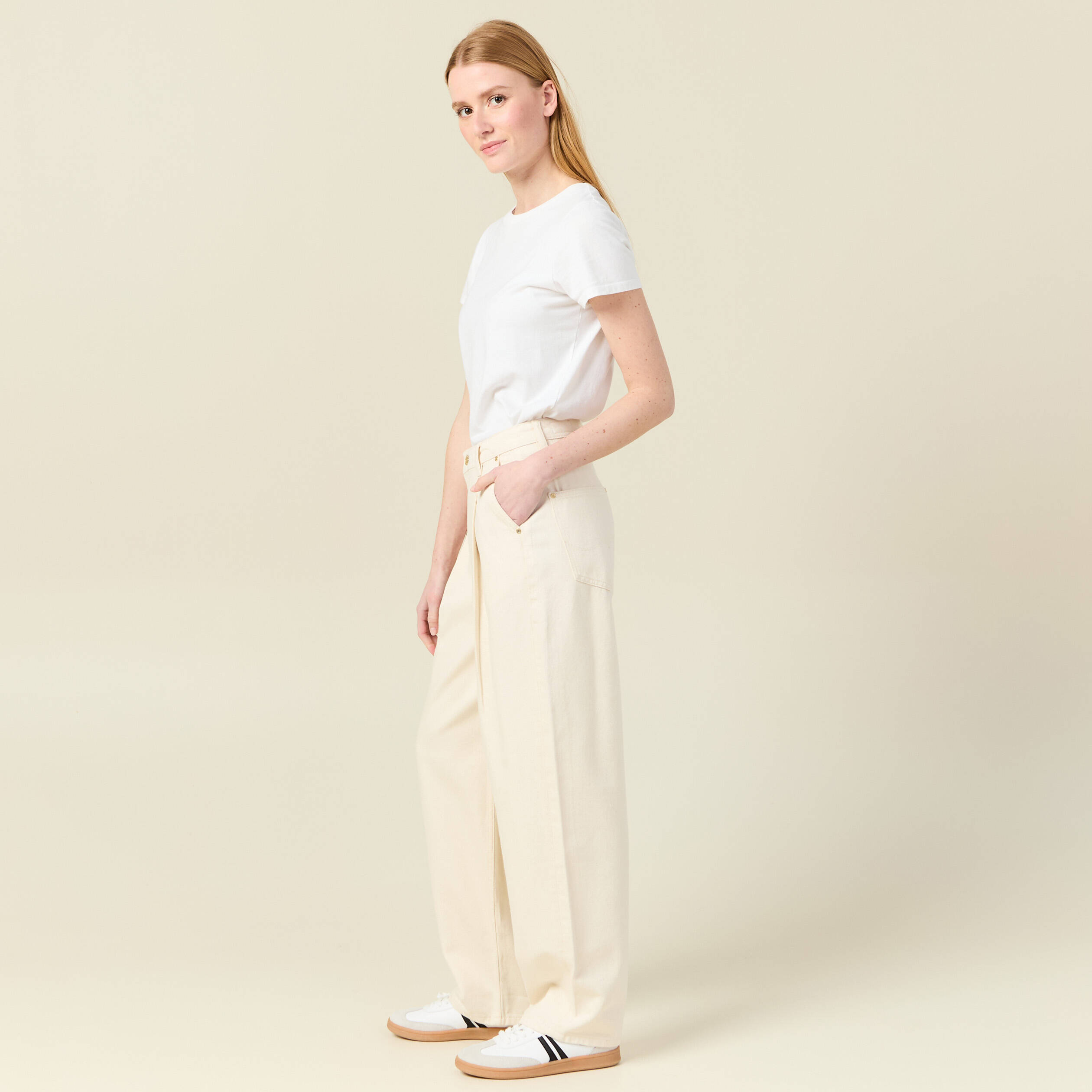 jeans large taille haute denim blanc femme Jeans large taille haute denim blanc femme