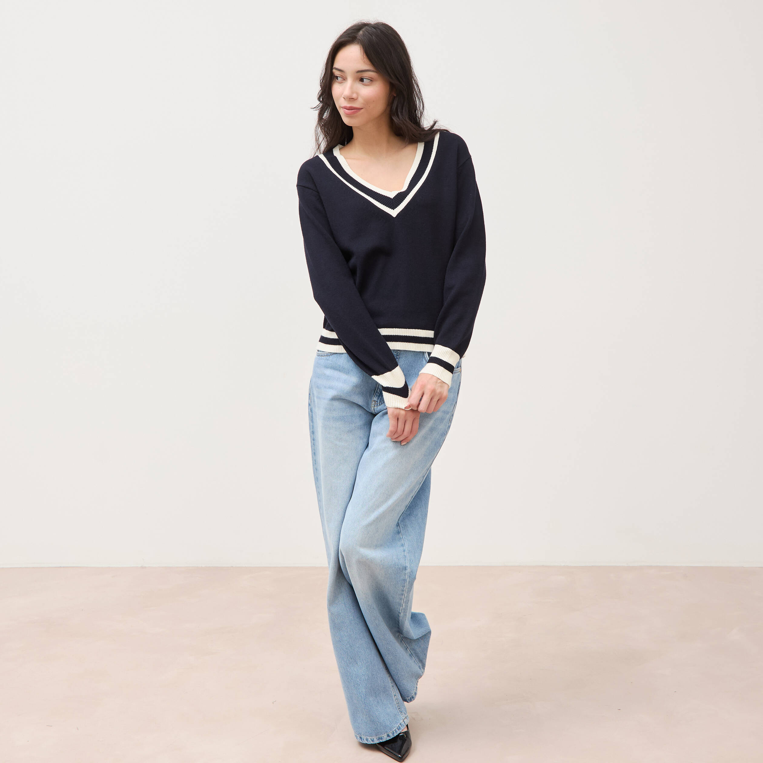 Pull manches longues bleu fonc&eacute; femme