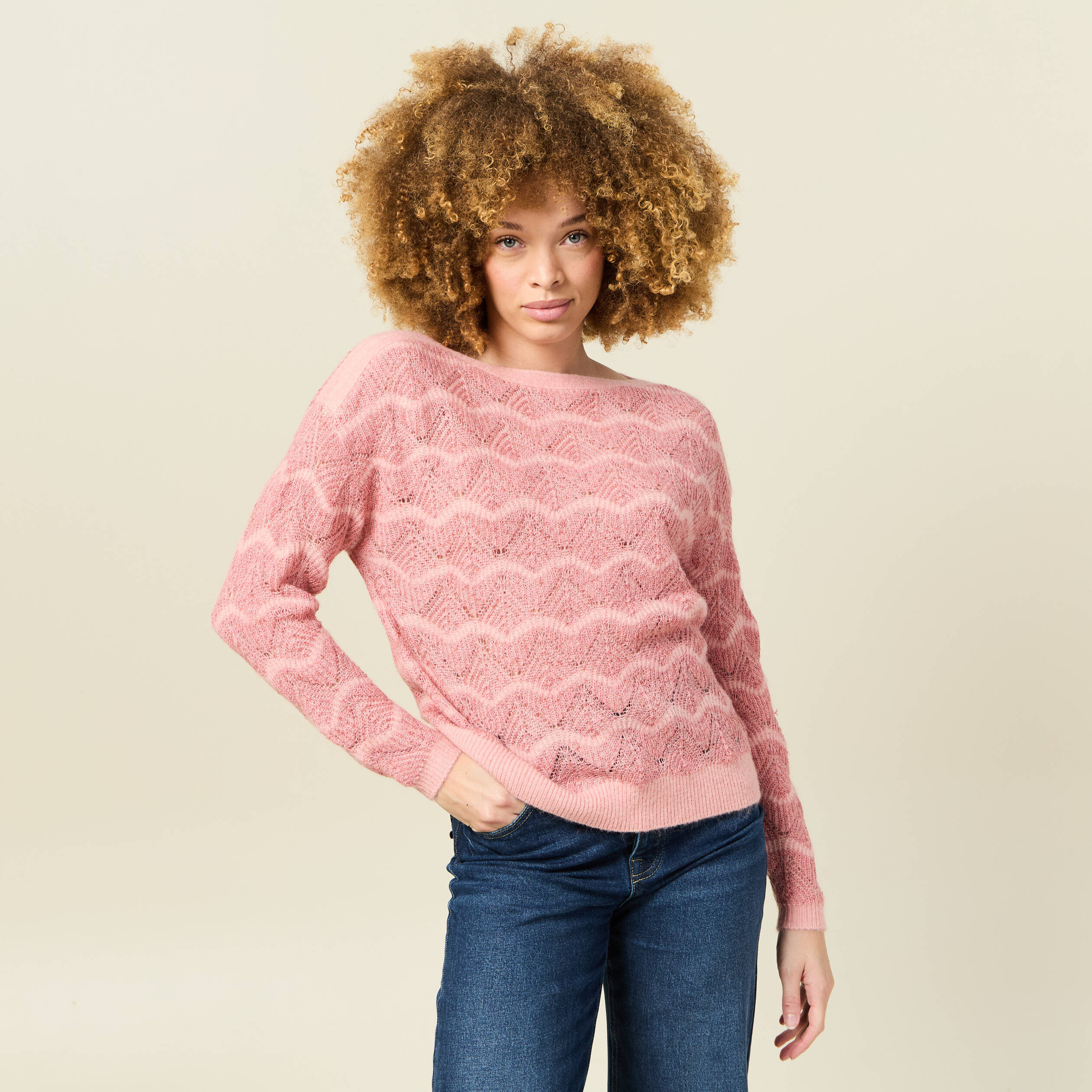 Pull manches longues ajouré rose saumon femme