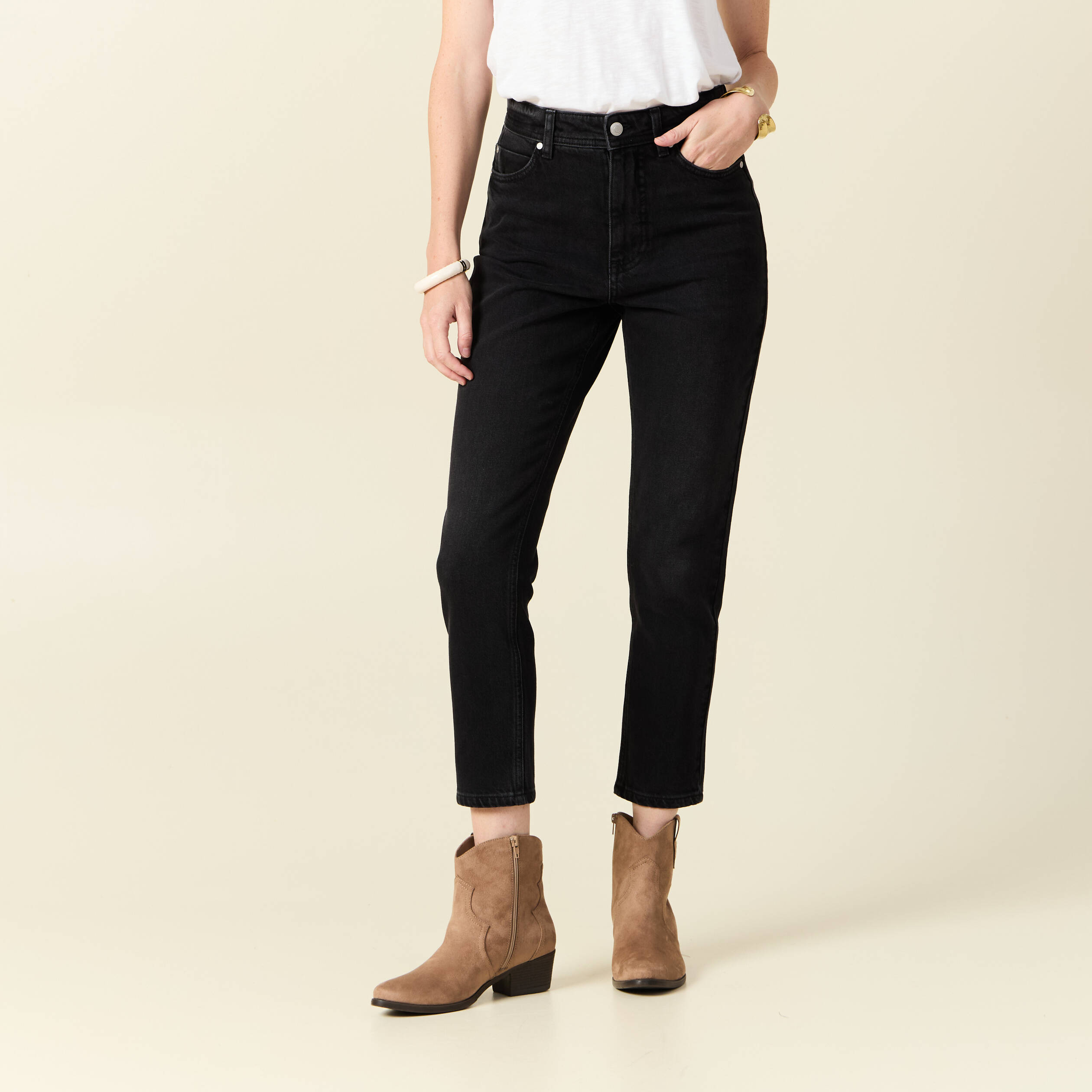 Jeans mom slim denim noir femme