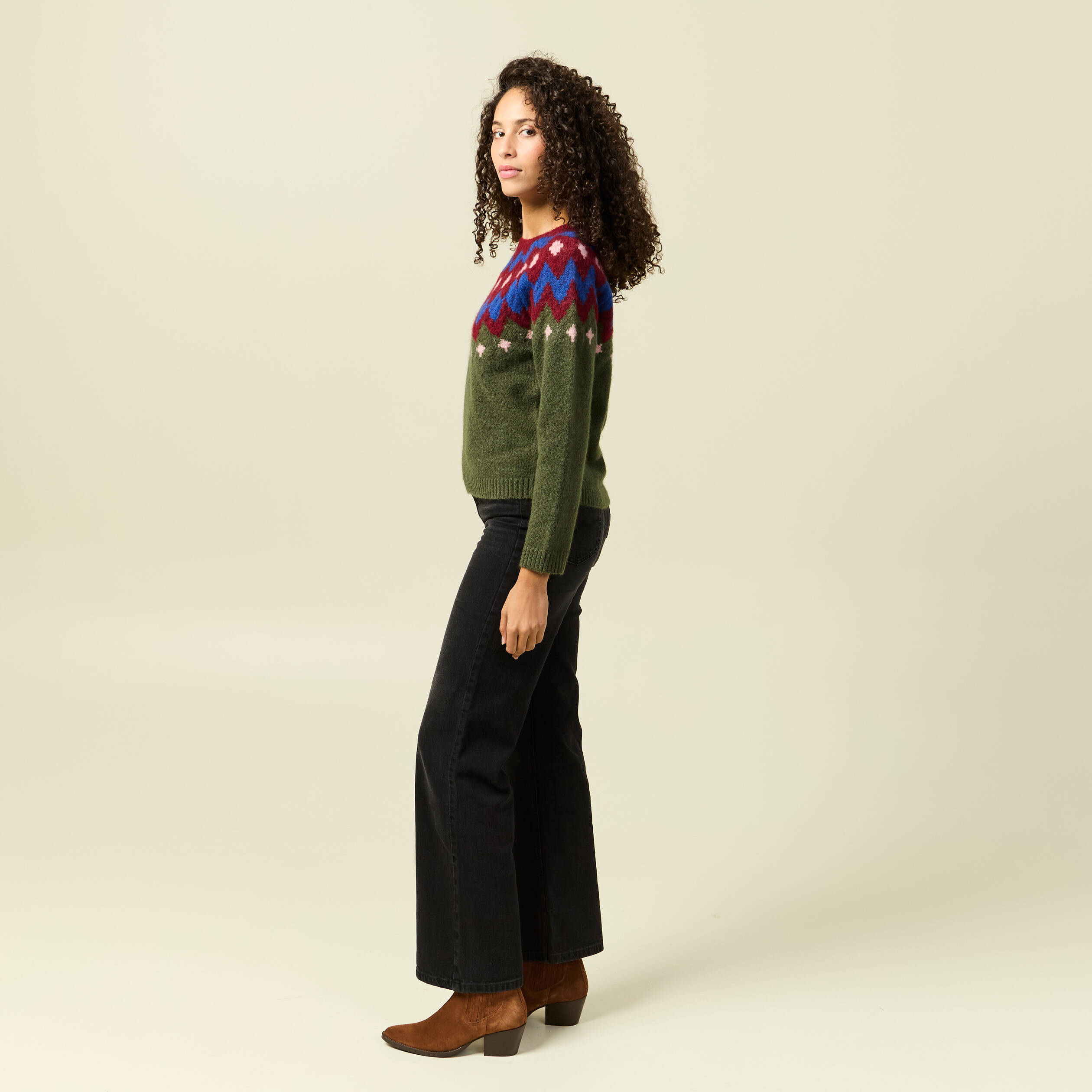 Pull col rond manches longues vert kaki femme