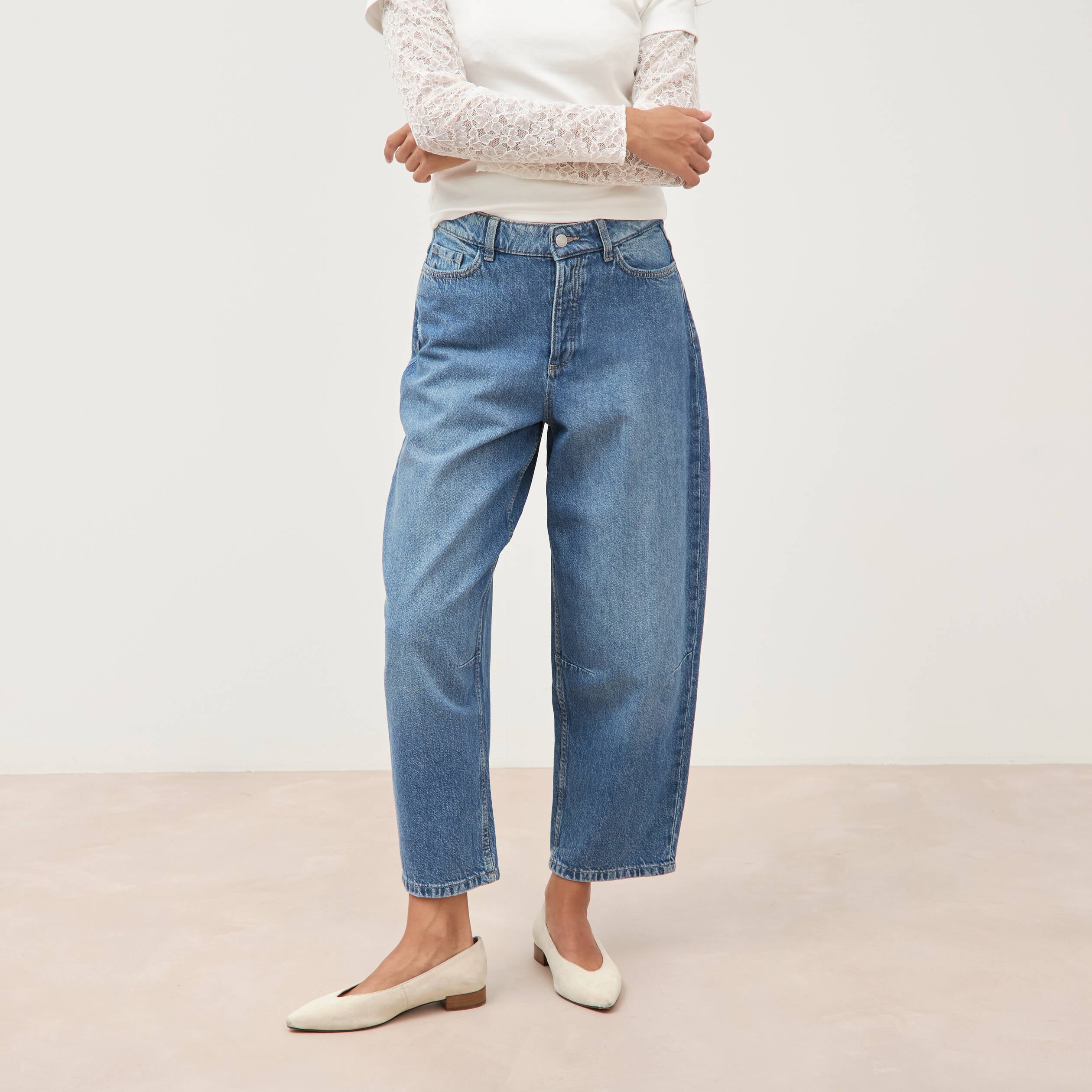 Jeans barrel 7/8&egrave;me taille standard denim used femme