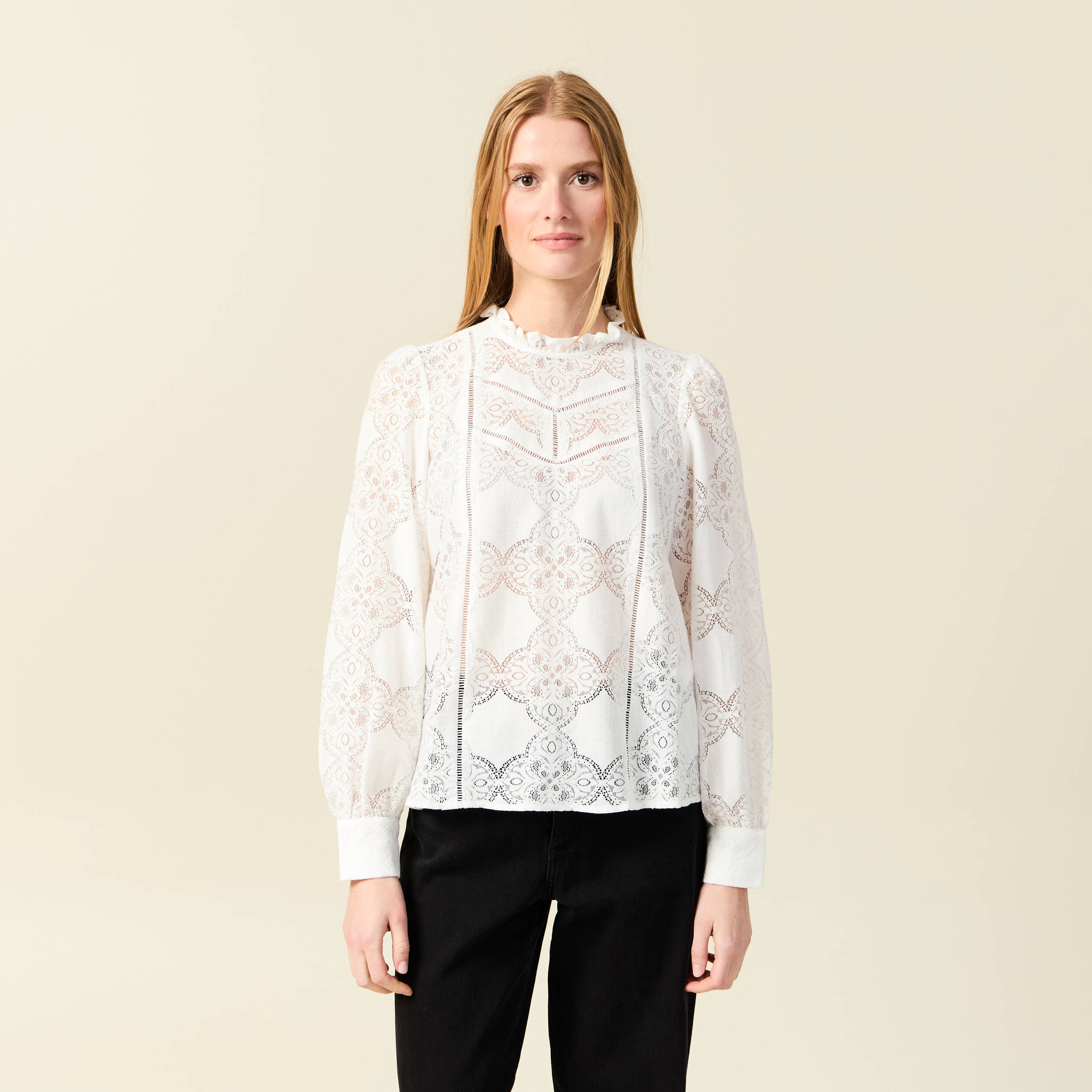 blouse cintree dentelle manches longues ecru femme Blouse cintrée dentelle manches longues ecru femme