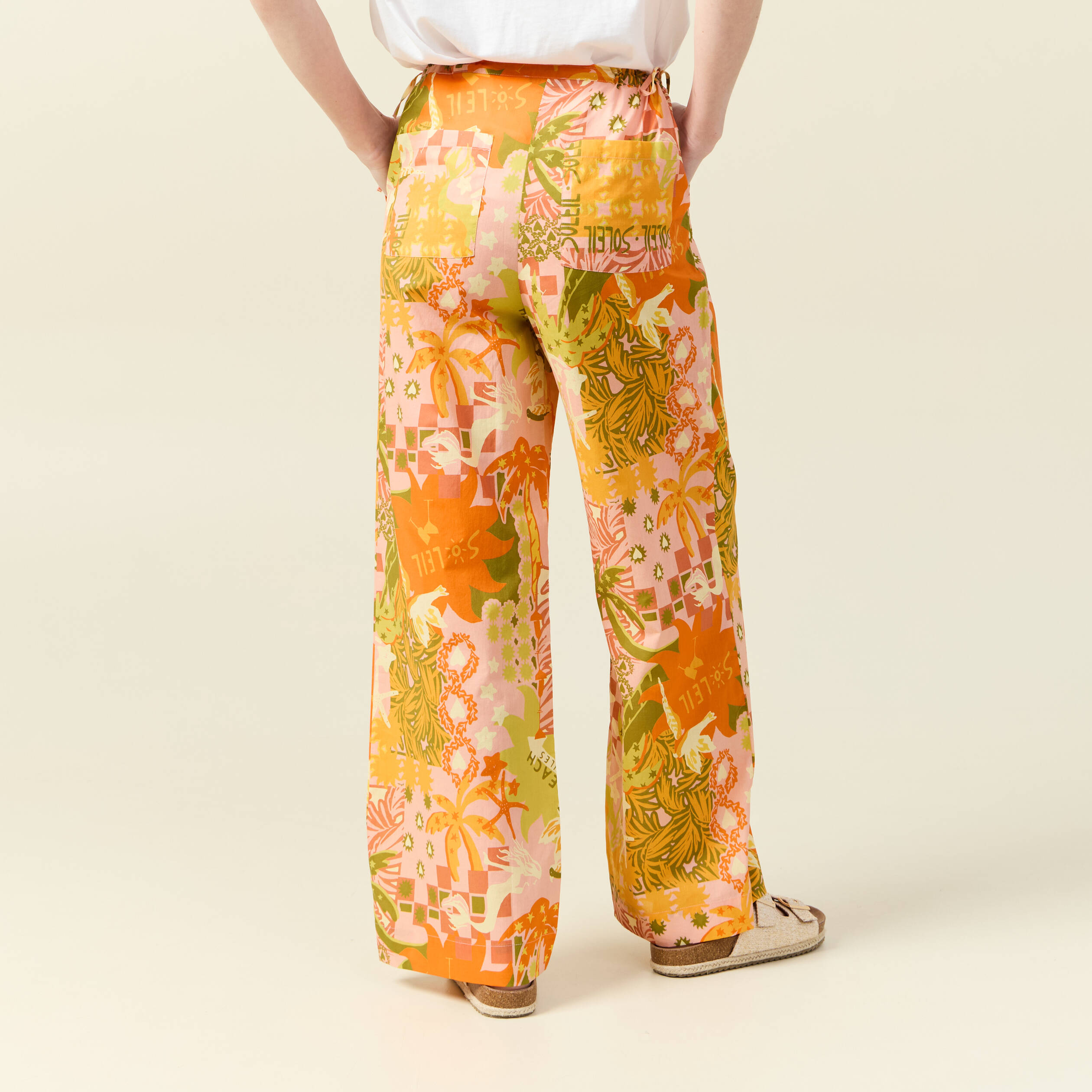 pantalon large taille haute en coton orange corail femme Pantalon large taille haute en coton orange corail femme