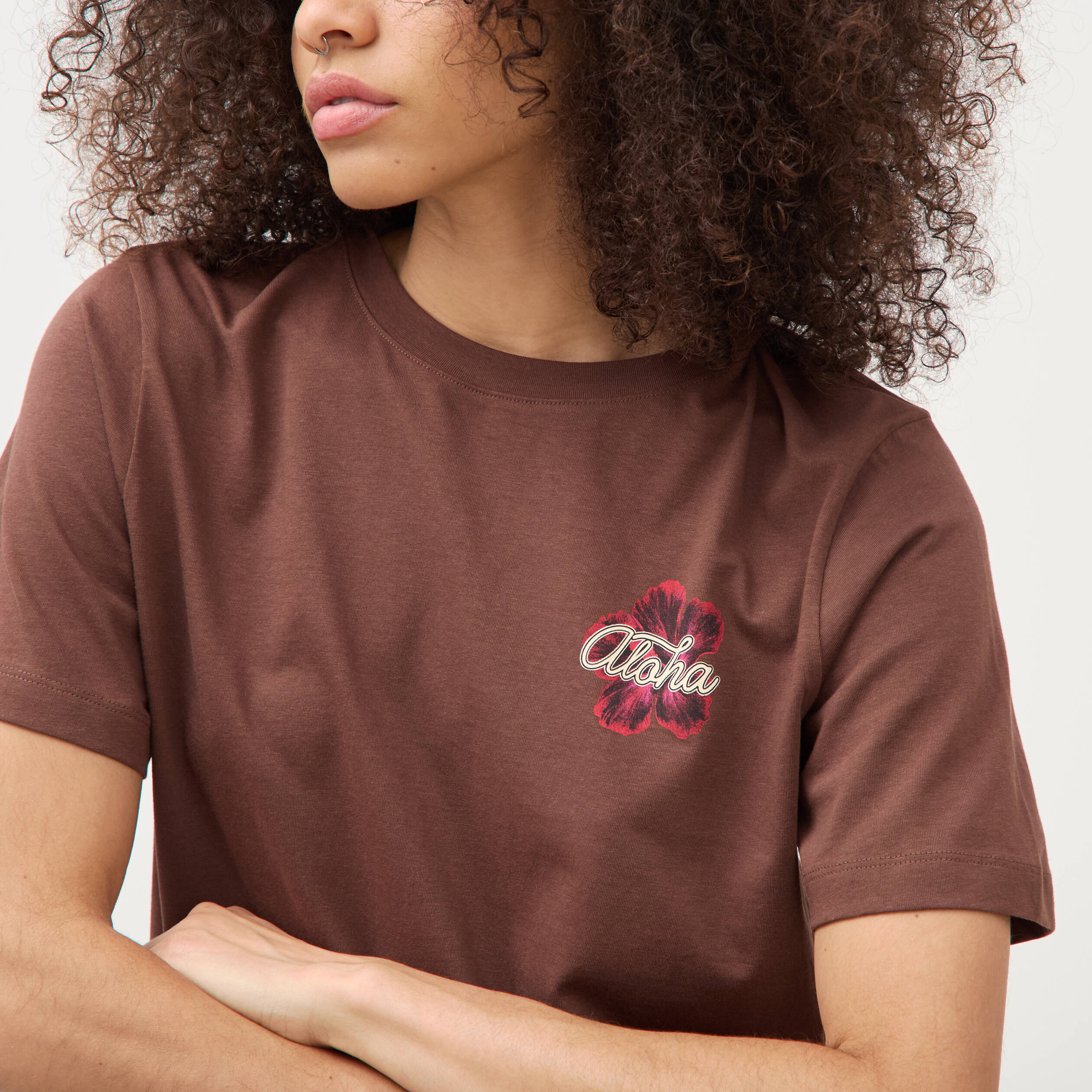 T-shirt droit en coton manches courtes marron cognac femme