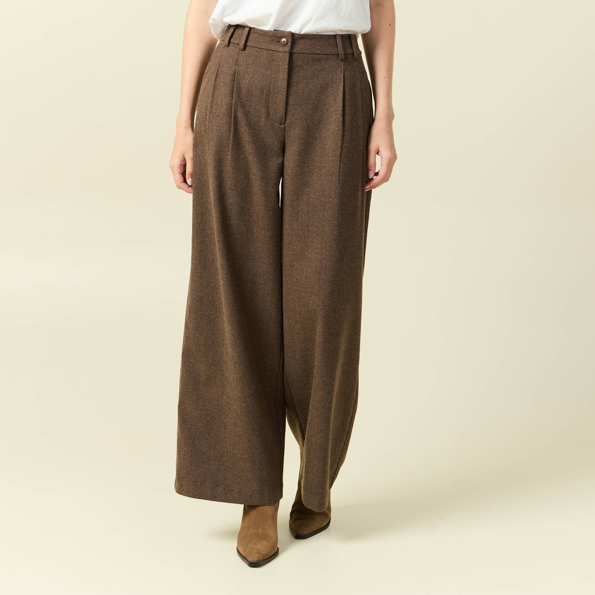 Pantalon large taille haute marron fonc&eacute; femme